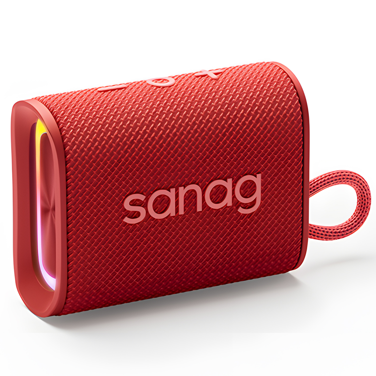 Roter tragbarer Bluetooth-Lautsprecher mit Griff. Es hat das Wort 'sanag' drauf.