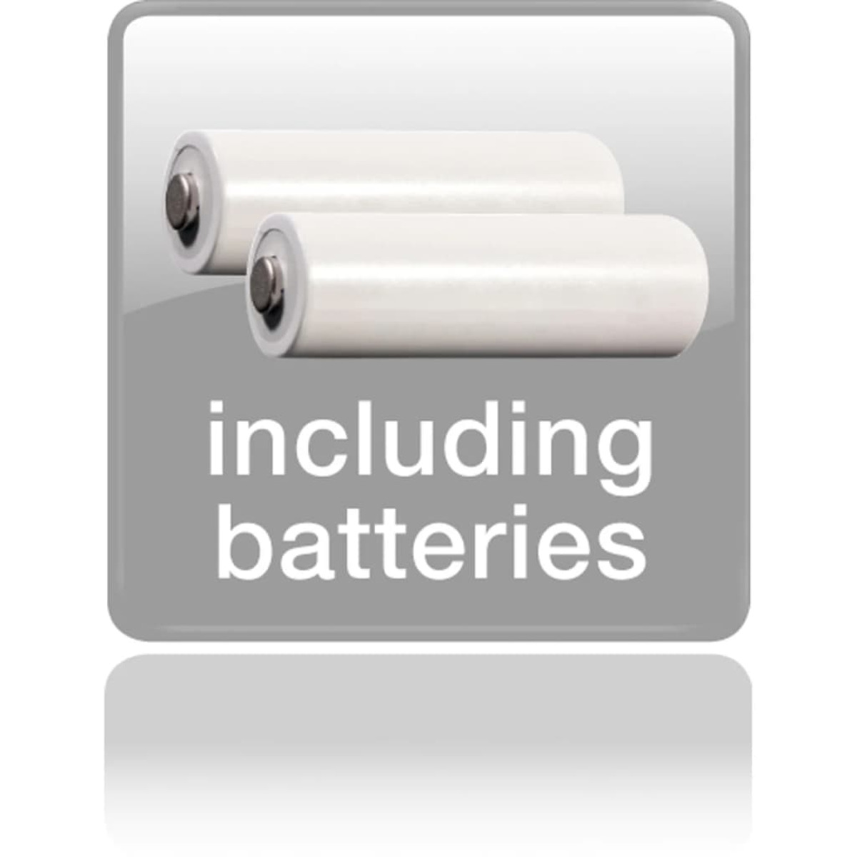 Un quadrato grigio con la scritta 'incluse batterie' e due batterie cilindriche bianche.