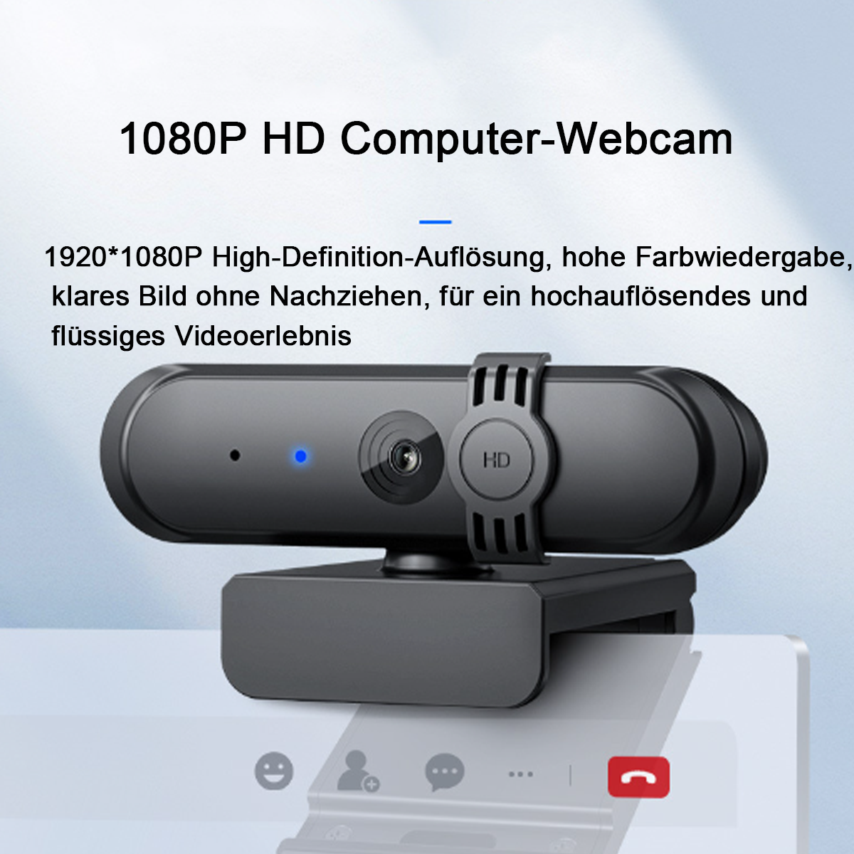 Schwarze Webcam mit blauem Licht. Der Text lautet 1080P HD Computer-Webcam.