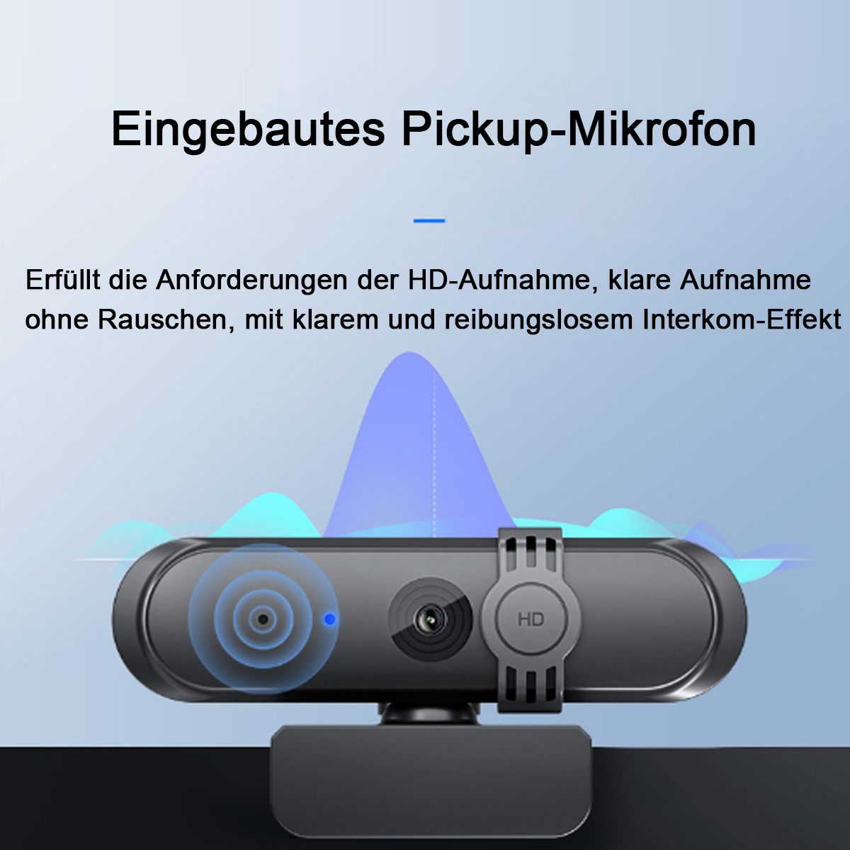 Webcam mit eingebautem Mikrofon. Der Hintergrund ist blau. Blaue Schallwellengrafik über der Webcam.