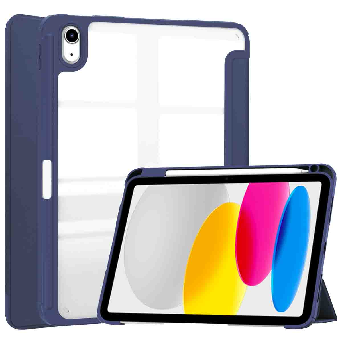 Étui de tablette bleu avec couvercle transparent et tablette avec stylet.