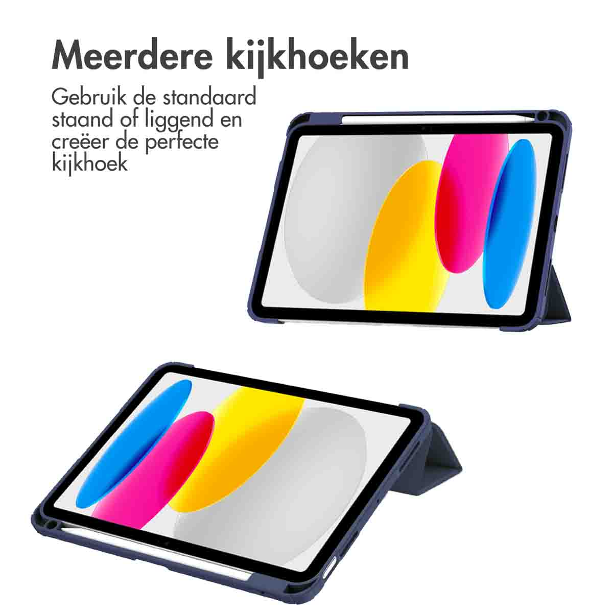 Deux tablettes avec étuis montrant différents angles de vue. Texte en néerlandais à gauche.