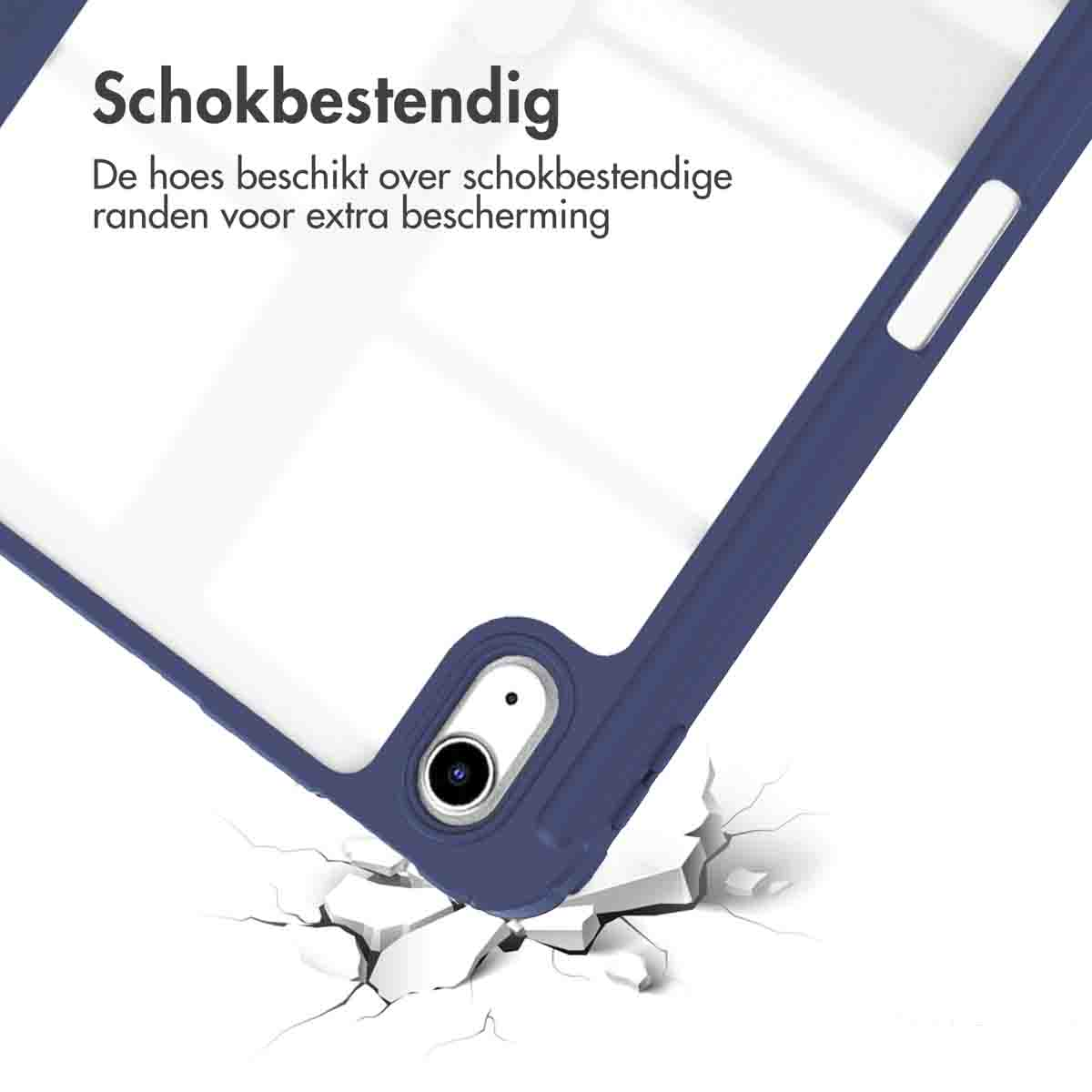 Gros plan d'un étui de tablette avec un cadre bleu et un fond blanc.