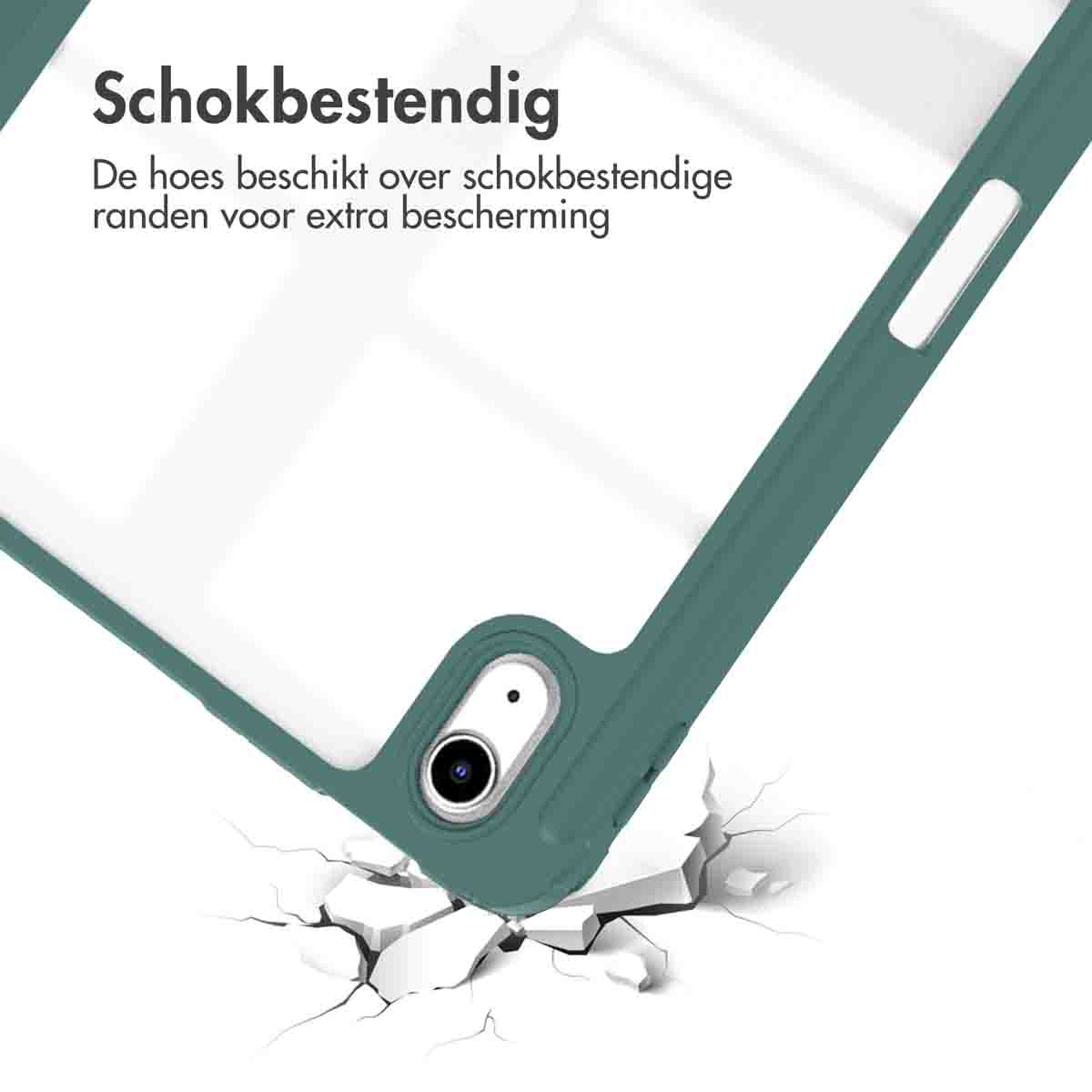 Une coque de tablette vert d'eau. Le texte dit 'Schokbestendig' et décrit la résistance.