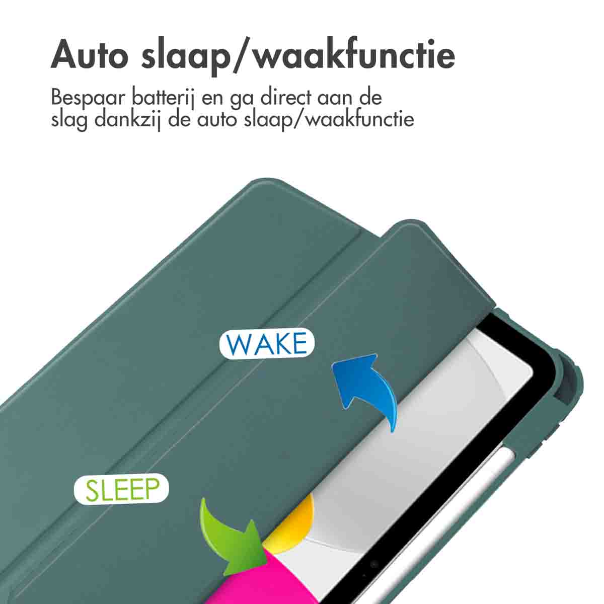 Une housse de tablette sarcelle avec une tablette partiellement visible, montrant les étiquettes 'SLEEP' et 'WAKE' avec des flèches.