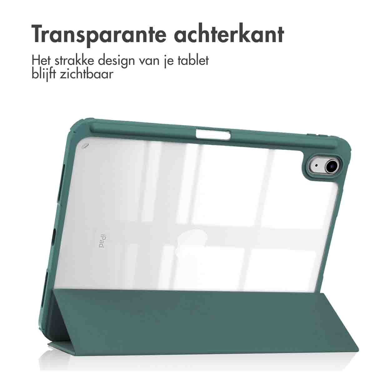 Coque d'iPad turquoise avec dos transparent montrant l'iPad.