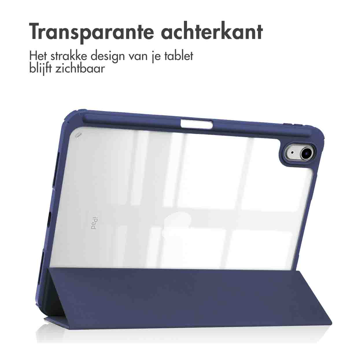 Un étui bleu pour iPad avec un dos transparent, ouvert avec un iPad à l'intérieur.