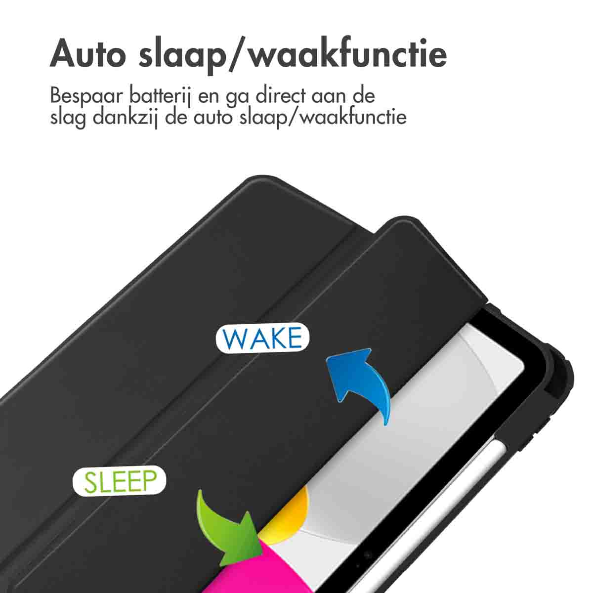 Étui de tablette noir avec texte, une tablette ouverte et un stylo. Les flèches indiquent la fonction veille/réveil.