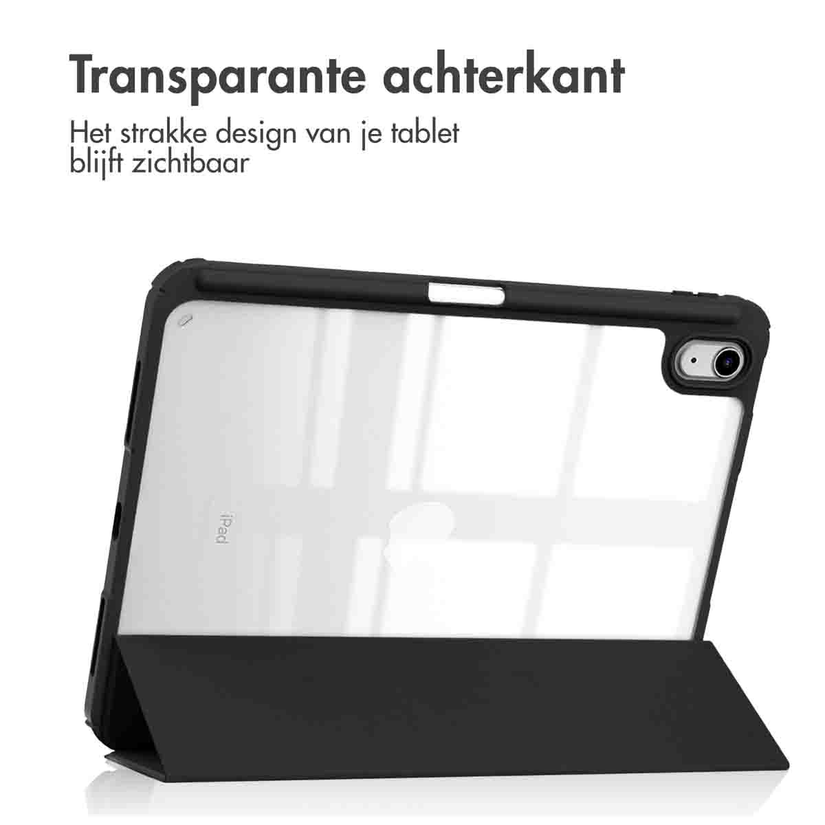 Étui iPad noir avec dos transparent et couvercle noir replié.