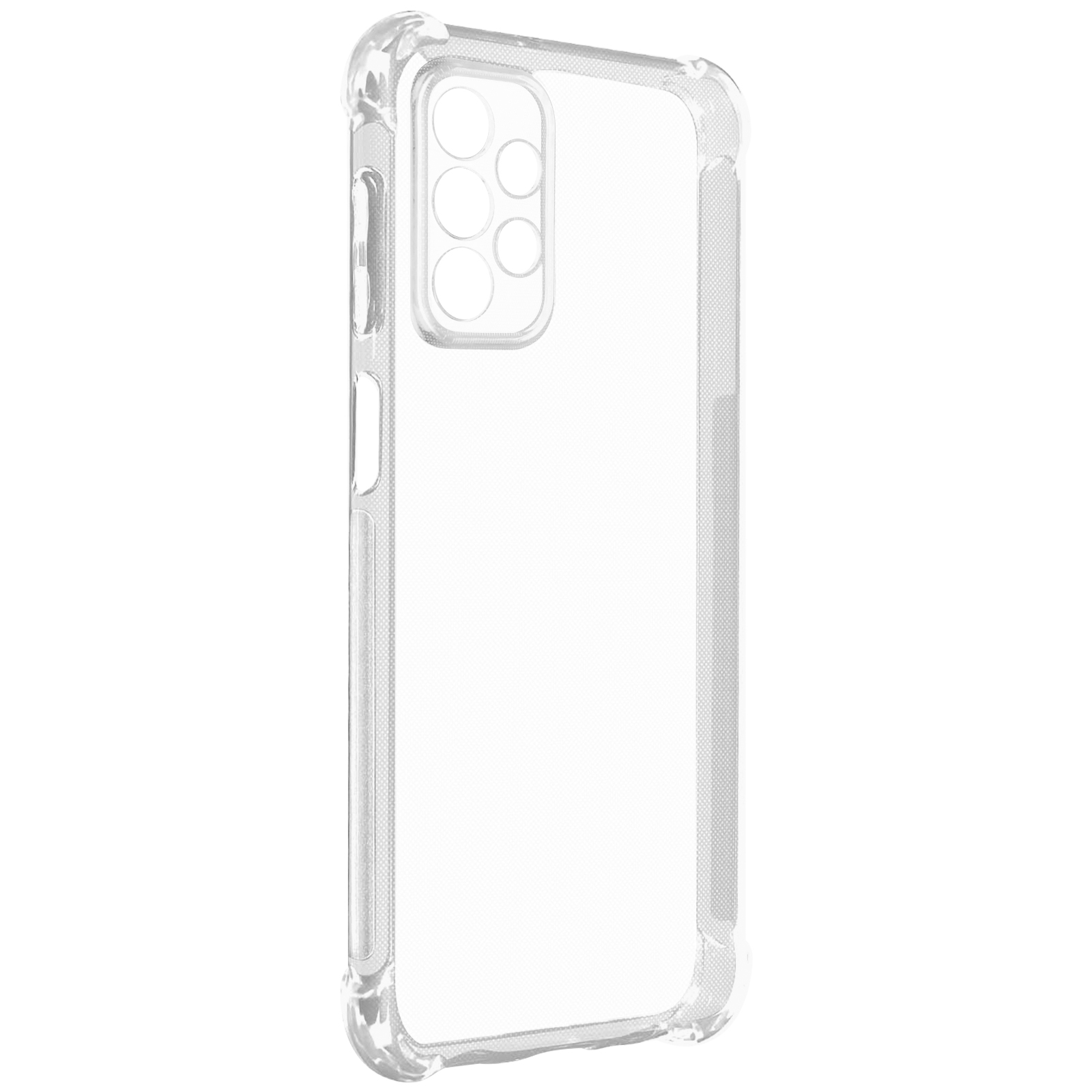 Custodia trasparente per telefono. La custodia presenta ritagli per la fotocamera e i pulsanti laterali. Sfondo bianco.