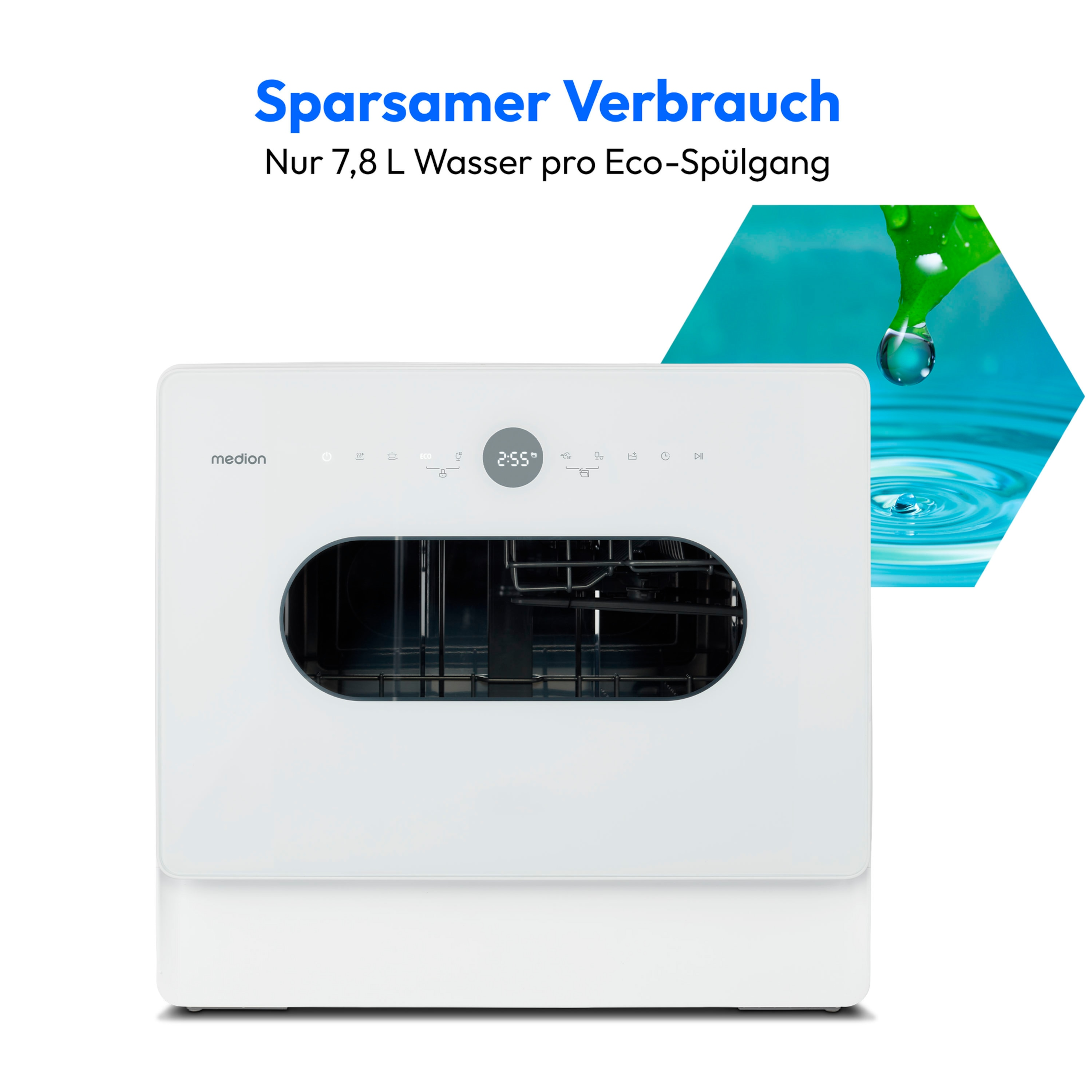 Ein weißer Geschirrspüler mit Text 'Sparsaver Verbrauch' und einer Grafik.