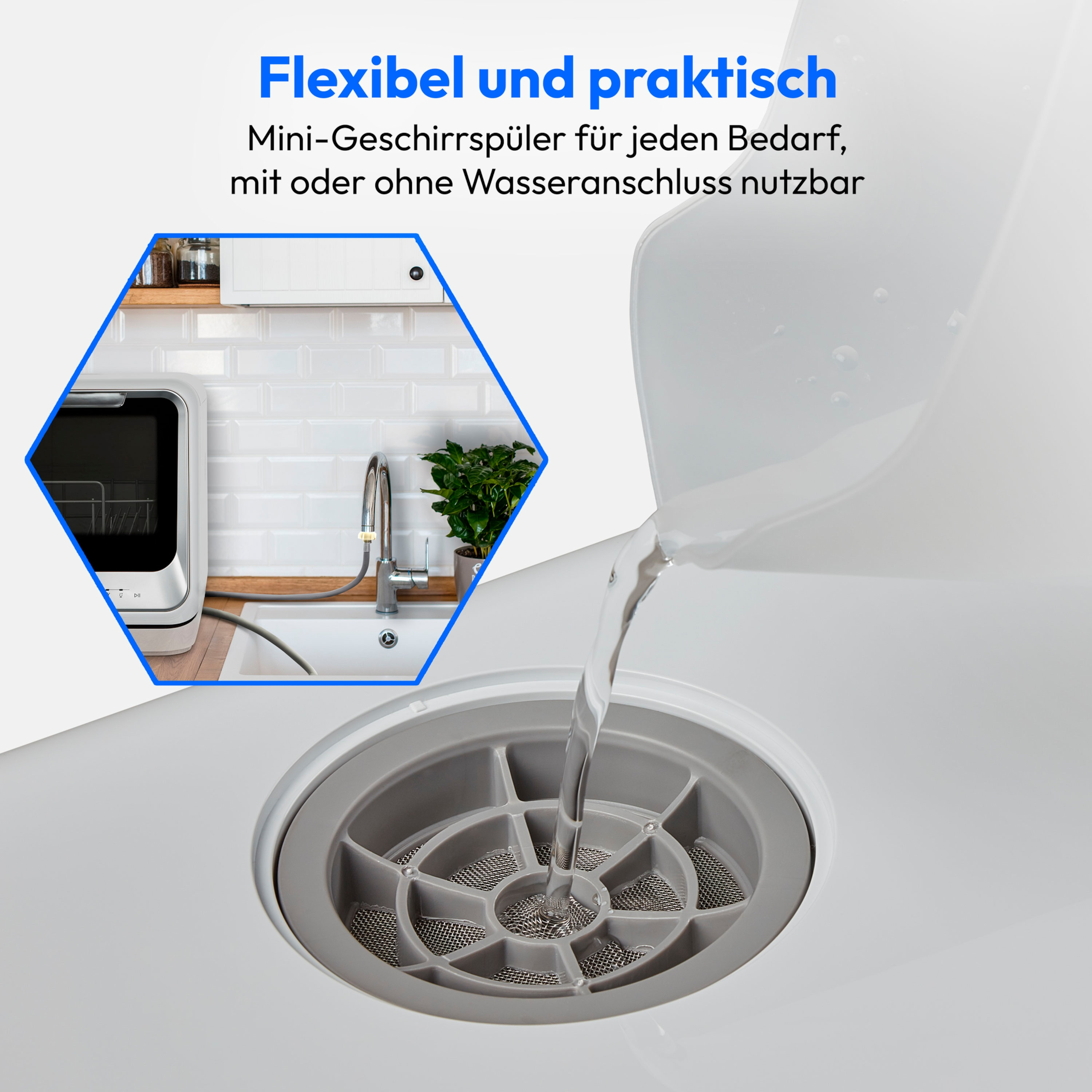 Un lavandino con acqua che defluisce in un filtro. Testo: Flessibile e pratico, mini lavastoviglie.