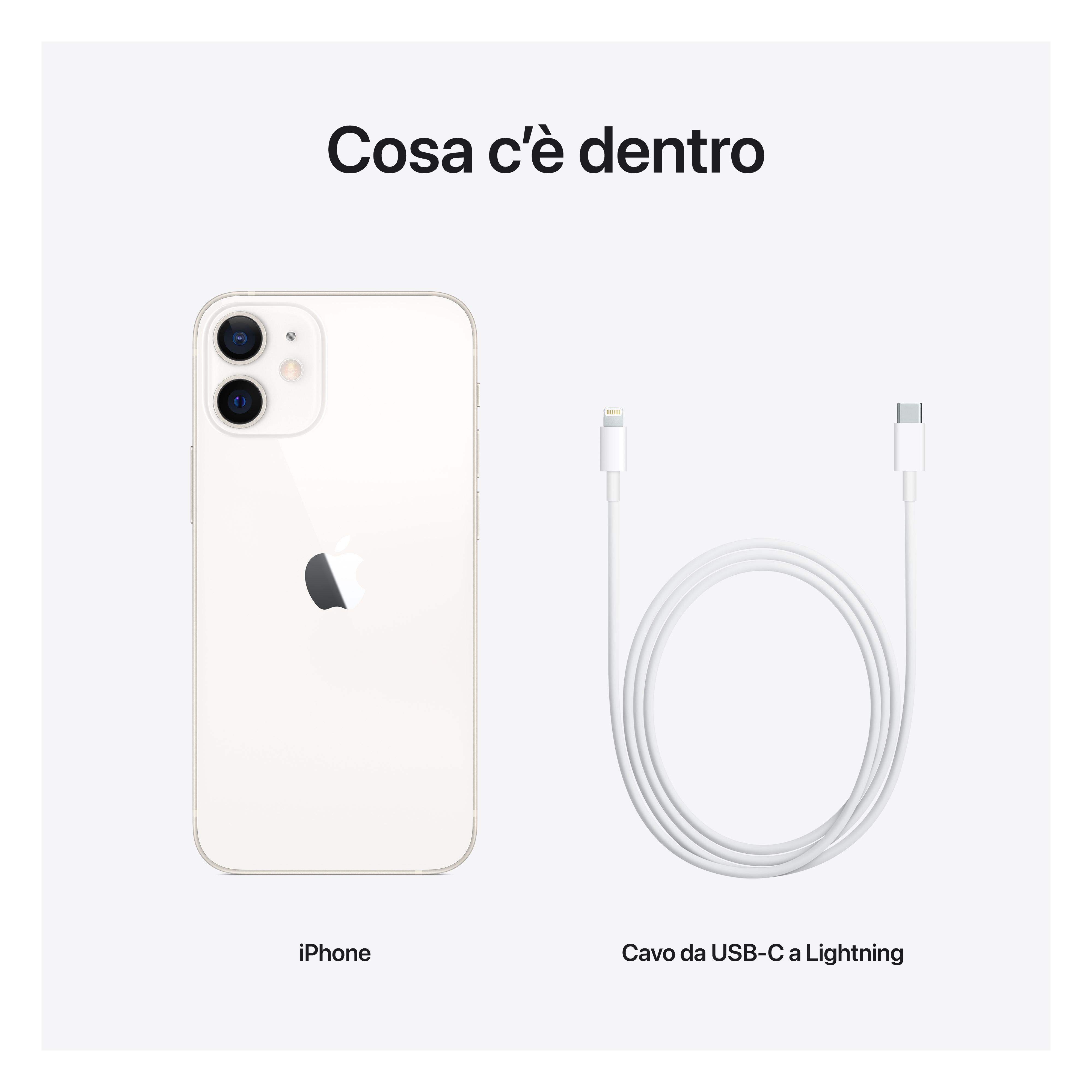 Biały iPhone i kabel ładujący. Białe tło z włoskim tekstem.