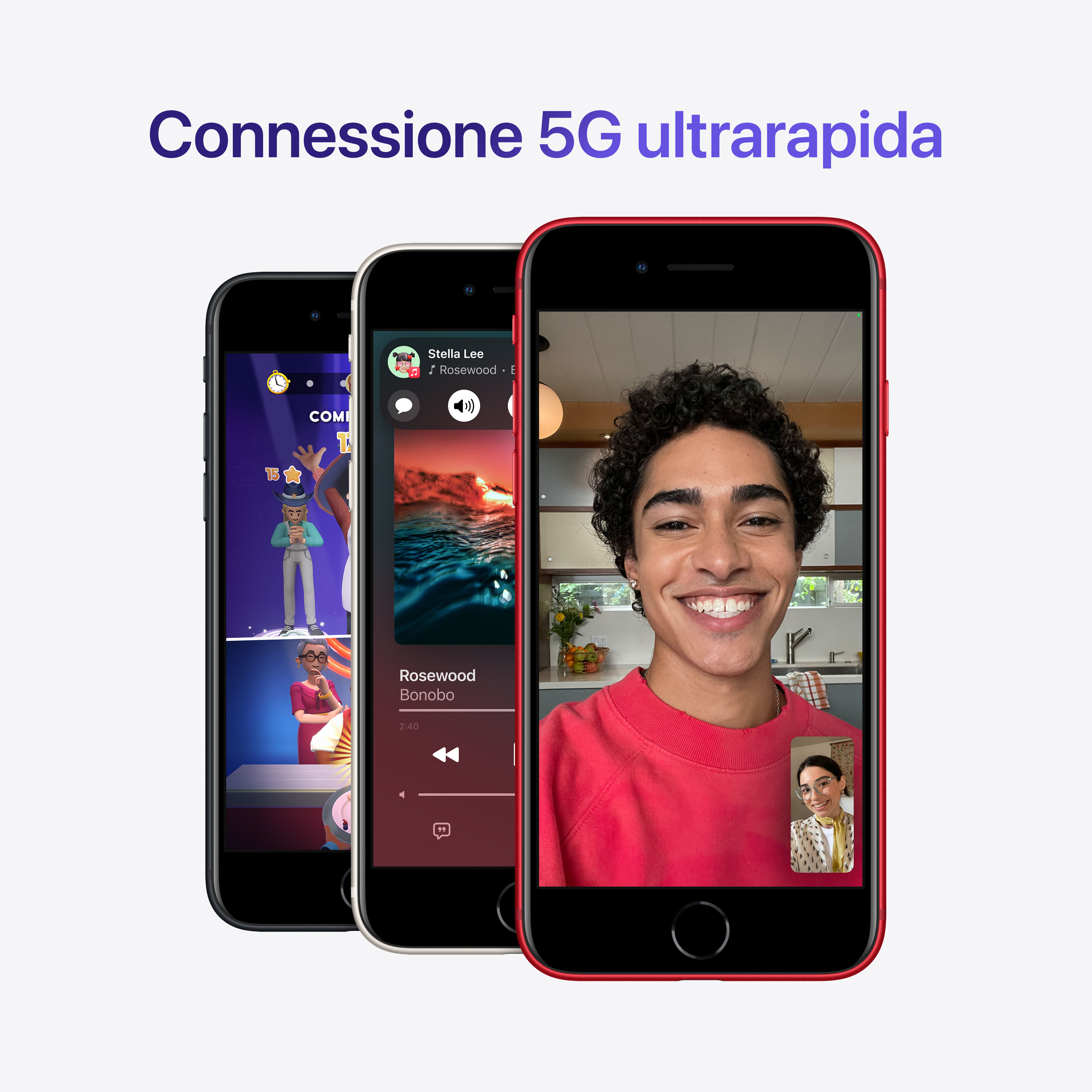 Trzy smartfony pokazujące rozmowy wideo, z tekstem 'Connessione 5G ultrarapida' powyżej.