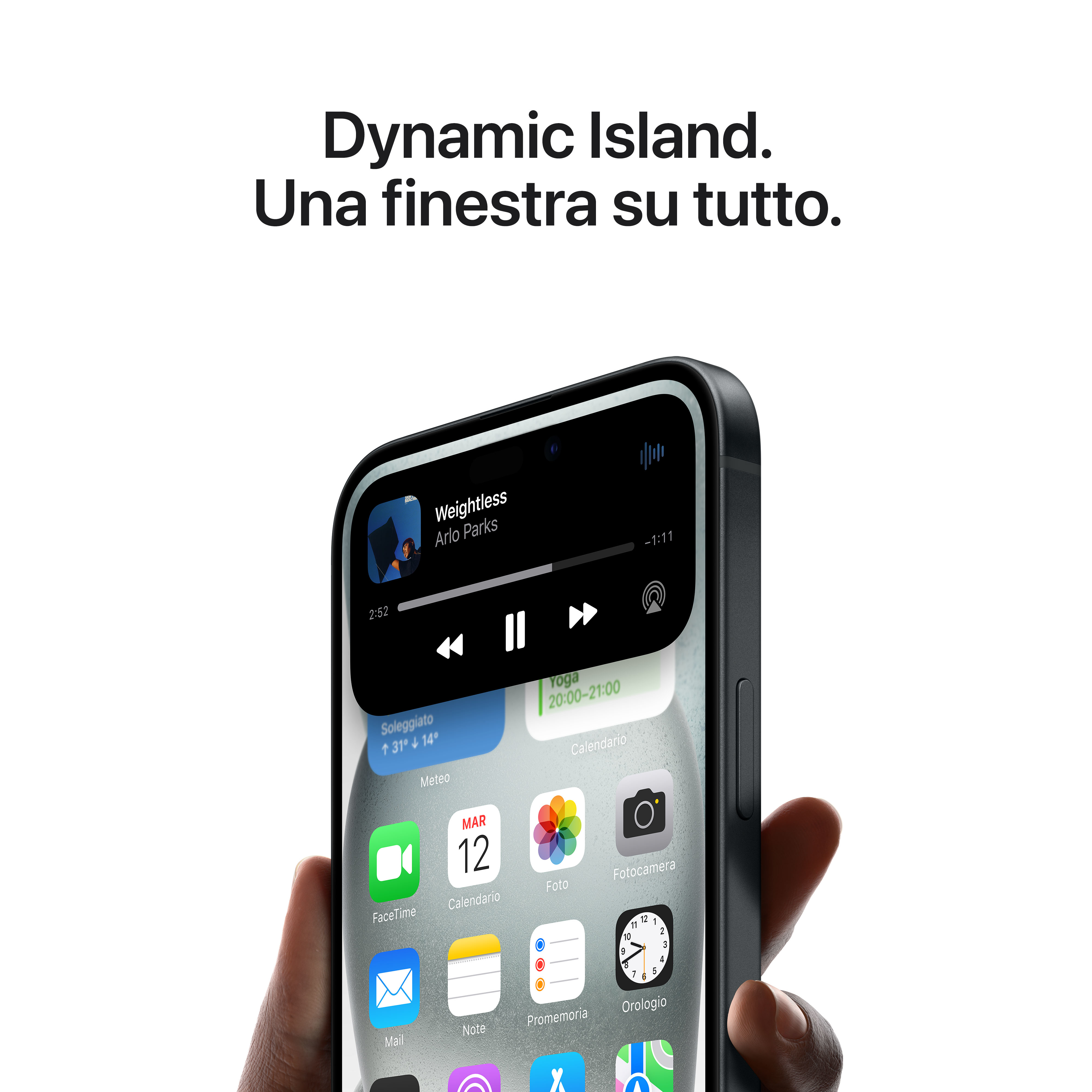 Czarny telefon wyświetlający aplikację muzyczną z okładką albumu i kontrolkami. Tekst: Dynamic Island.
