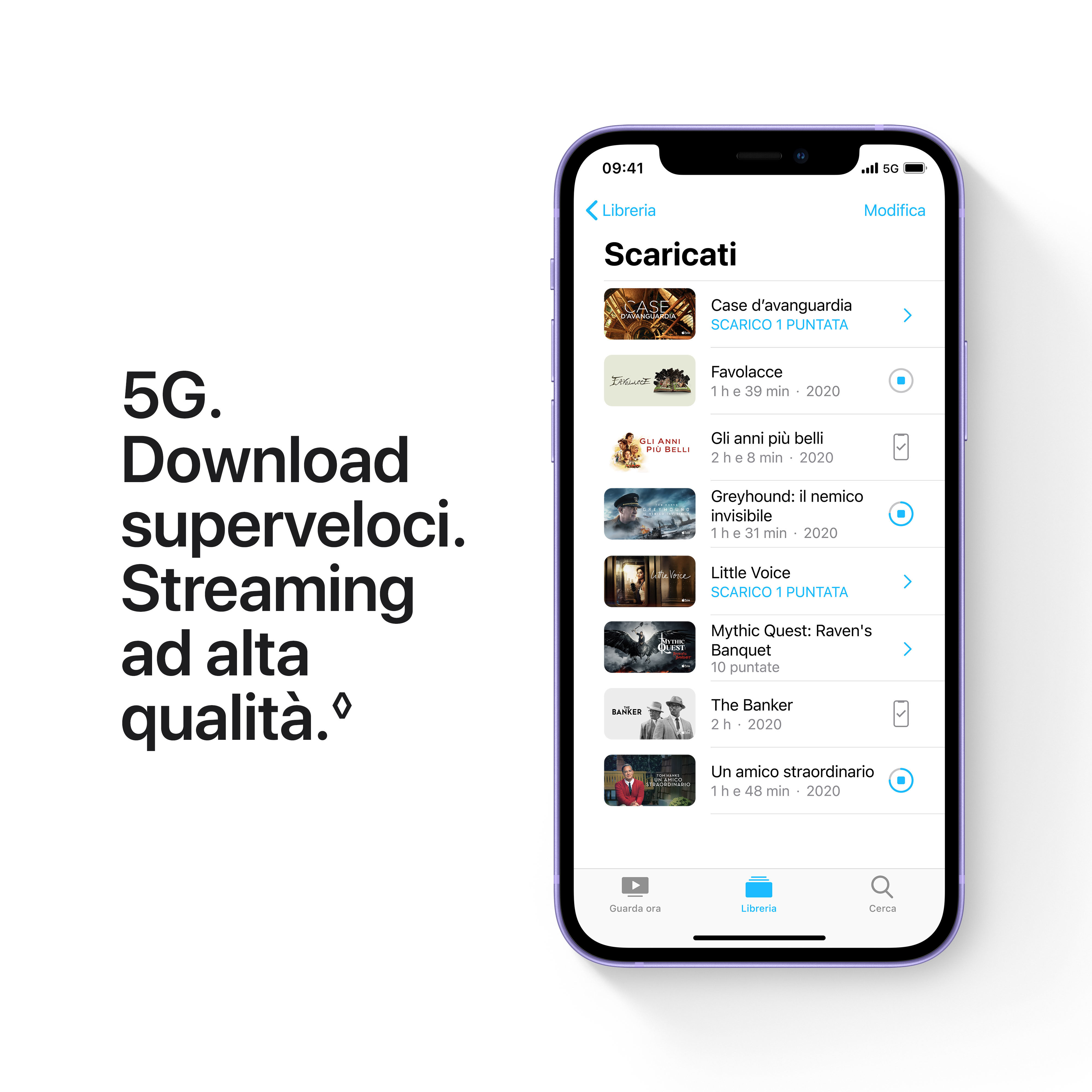 iPhone wyświetlający listę pobranych aplikacji. Pokazuje prędkości pobierania i wysokiej jakości streaming.