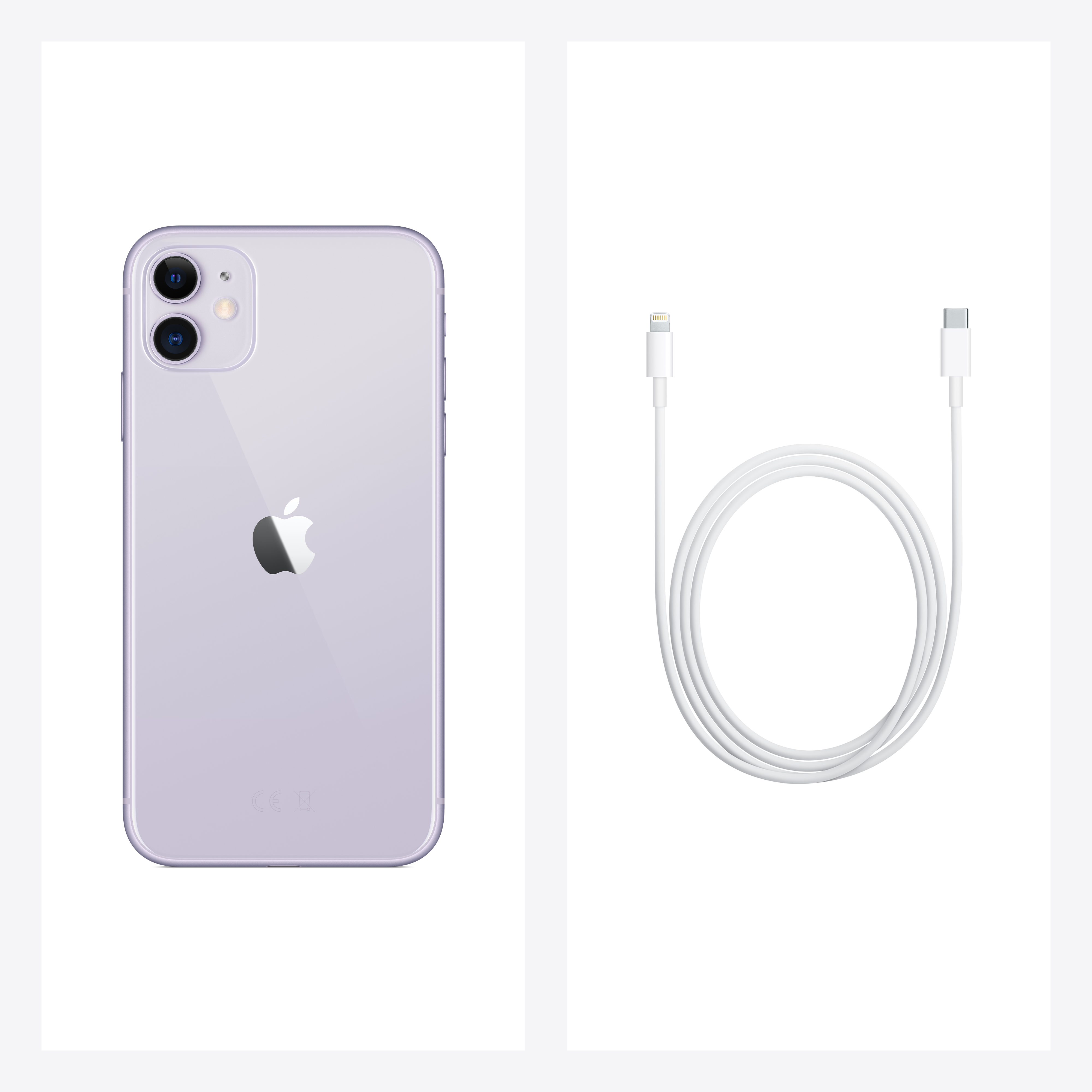 Fioletowy iPhone 11 z logo Apple i białym kablem ładującym na białym tle.