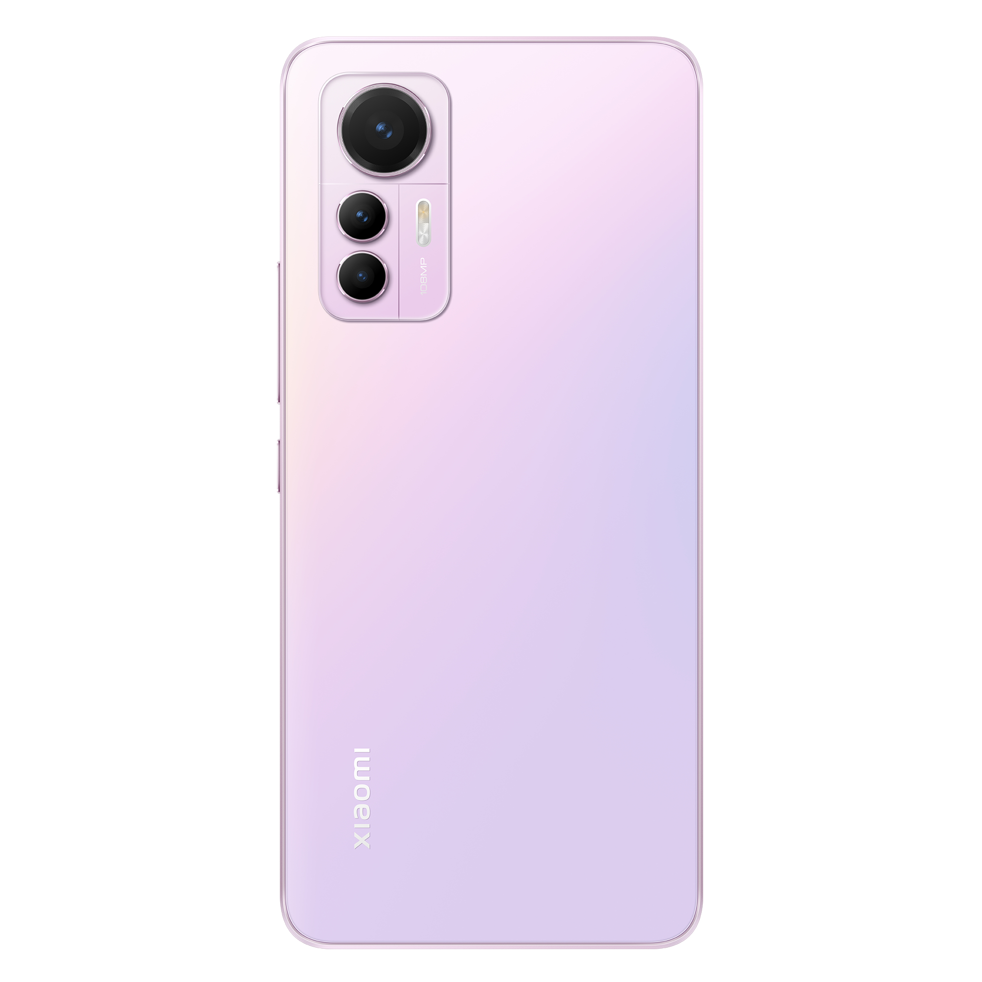 Tył liliowego smartfona z potrójnym aparatem i logo Xiaomi.