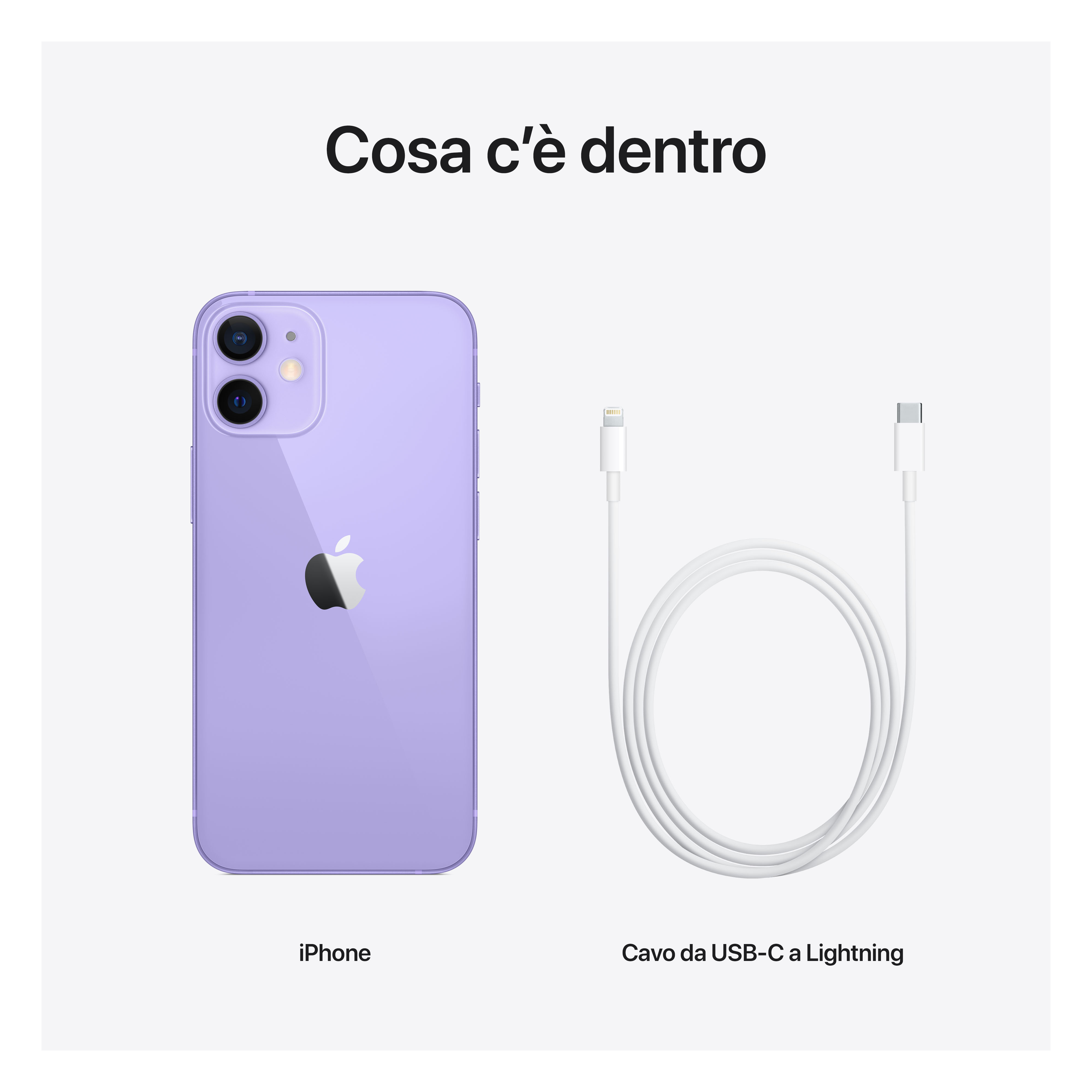 Fioletowy iPhone, biały kabel USB-C do Lightning. Tekst 'Cosa c'è dentro' po włosku.