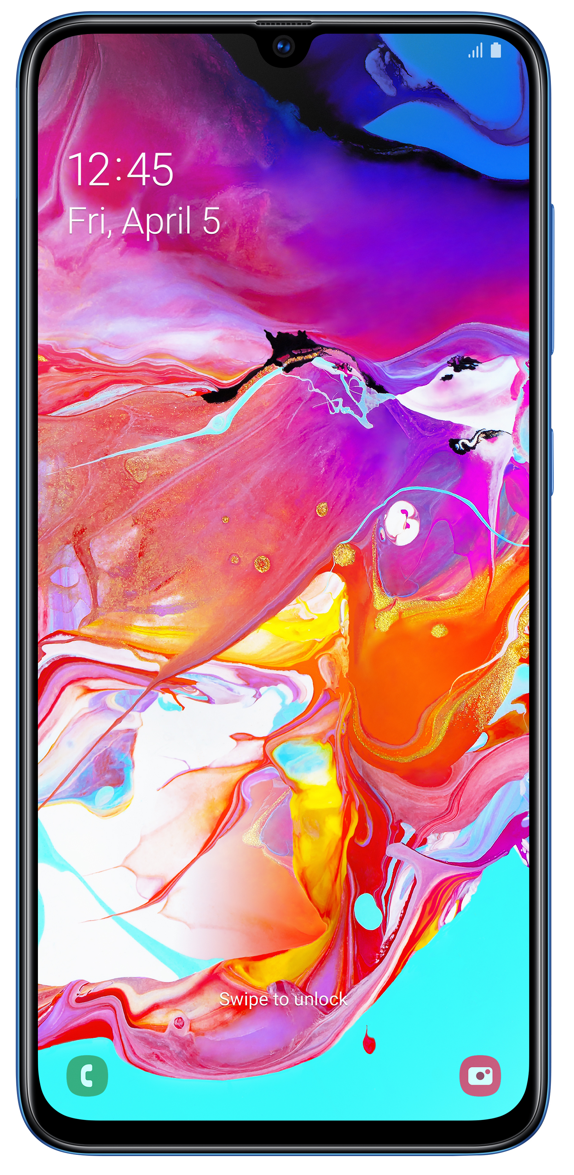 Niebieski smartfon wyświetlający kolorowy, abstrakcyjny obraz z godziną i datą na górze.