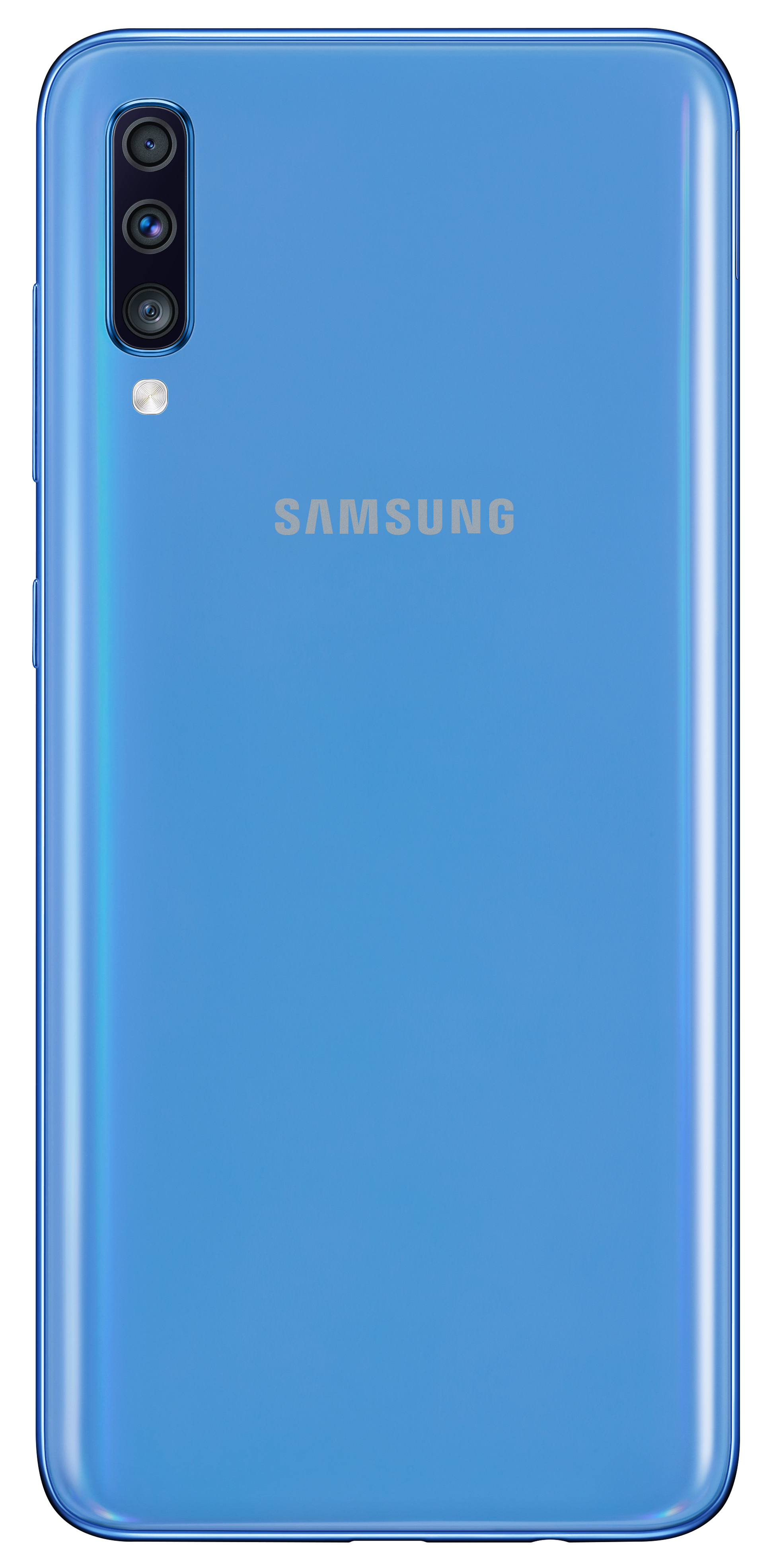 Niebieski telefon Samsung, widok z tyłu, z potrójnym aparatem i logo Samsung, białe tło.