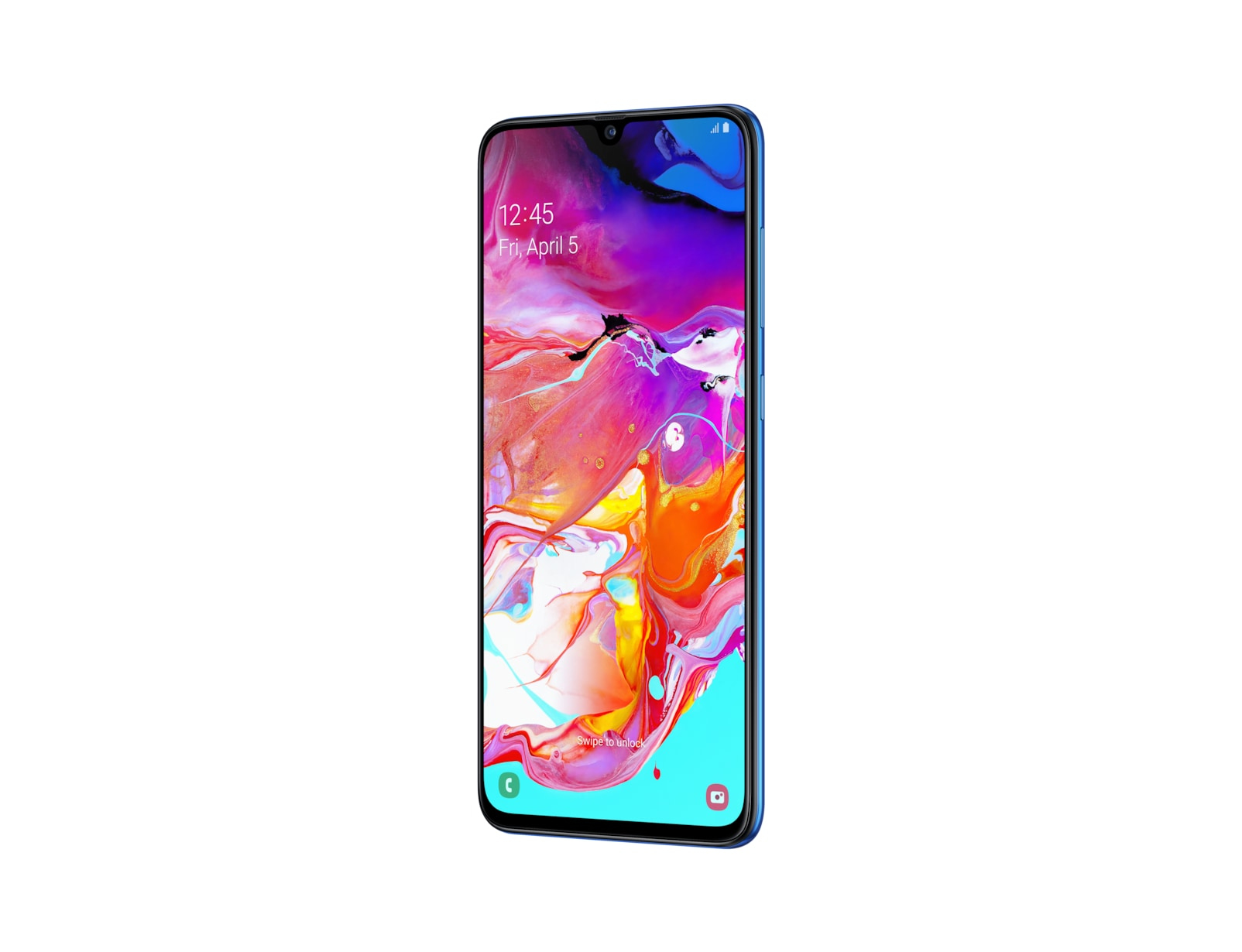 Niebieski telefon z kolorowym ekranem wyświetlającym grafikę. Telefon jest na białym tle.