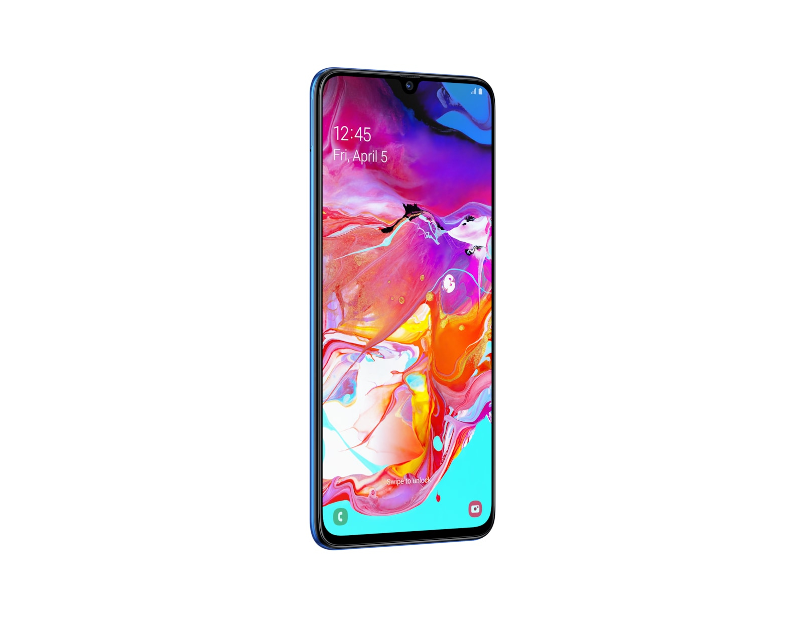 Niebieski telefon Samsung z zakrzywionym ekranem, pokazujący godzinę i datę. Telefon jest przesunięty.