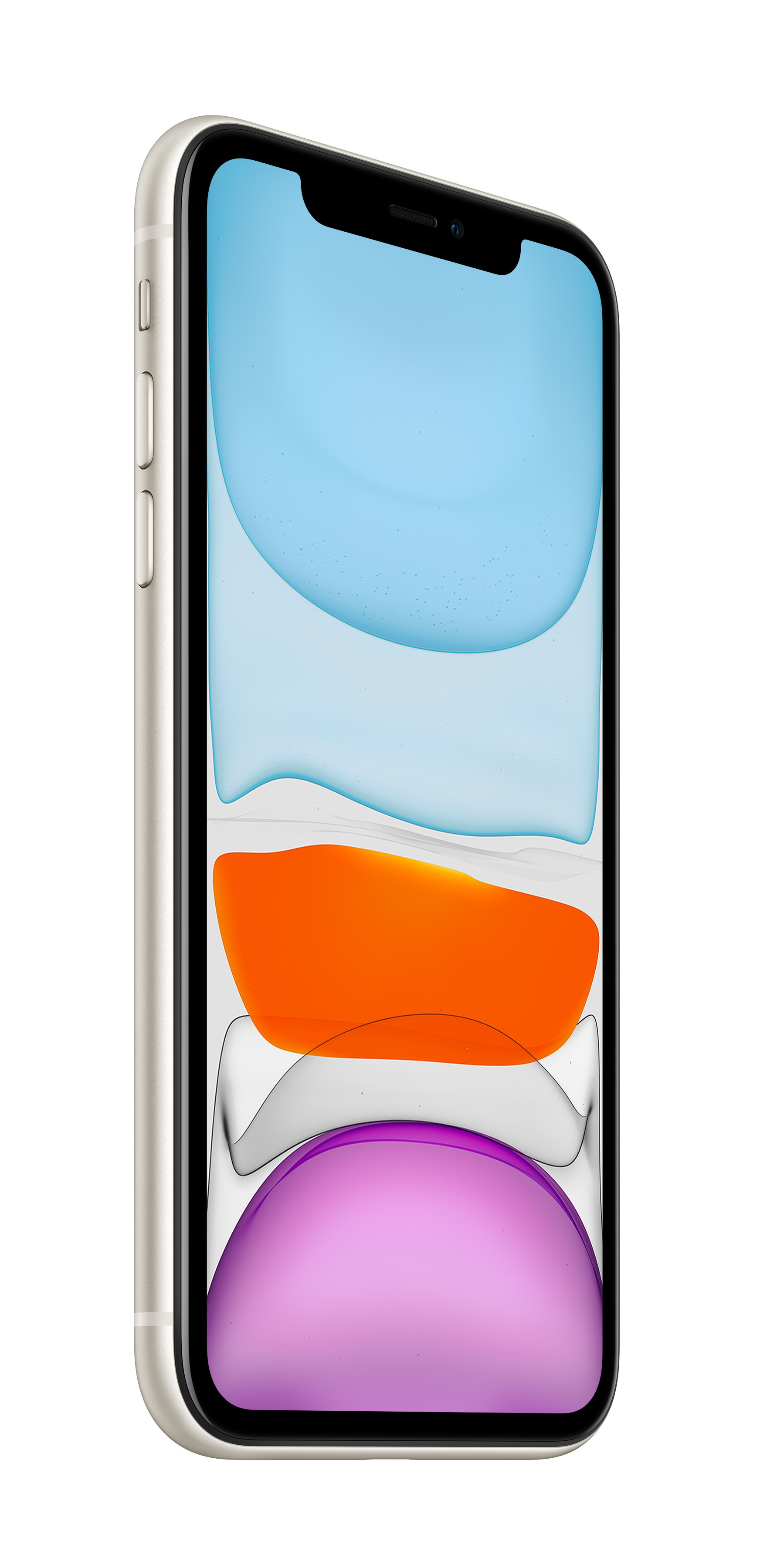 Srebrny iPhone z kolorową, abstrakcyjną tapetą.