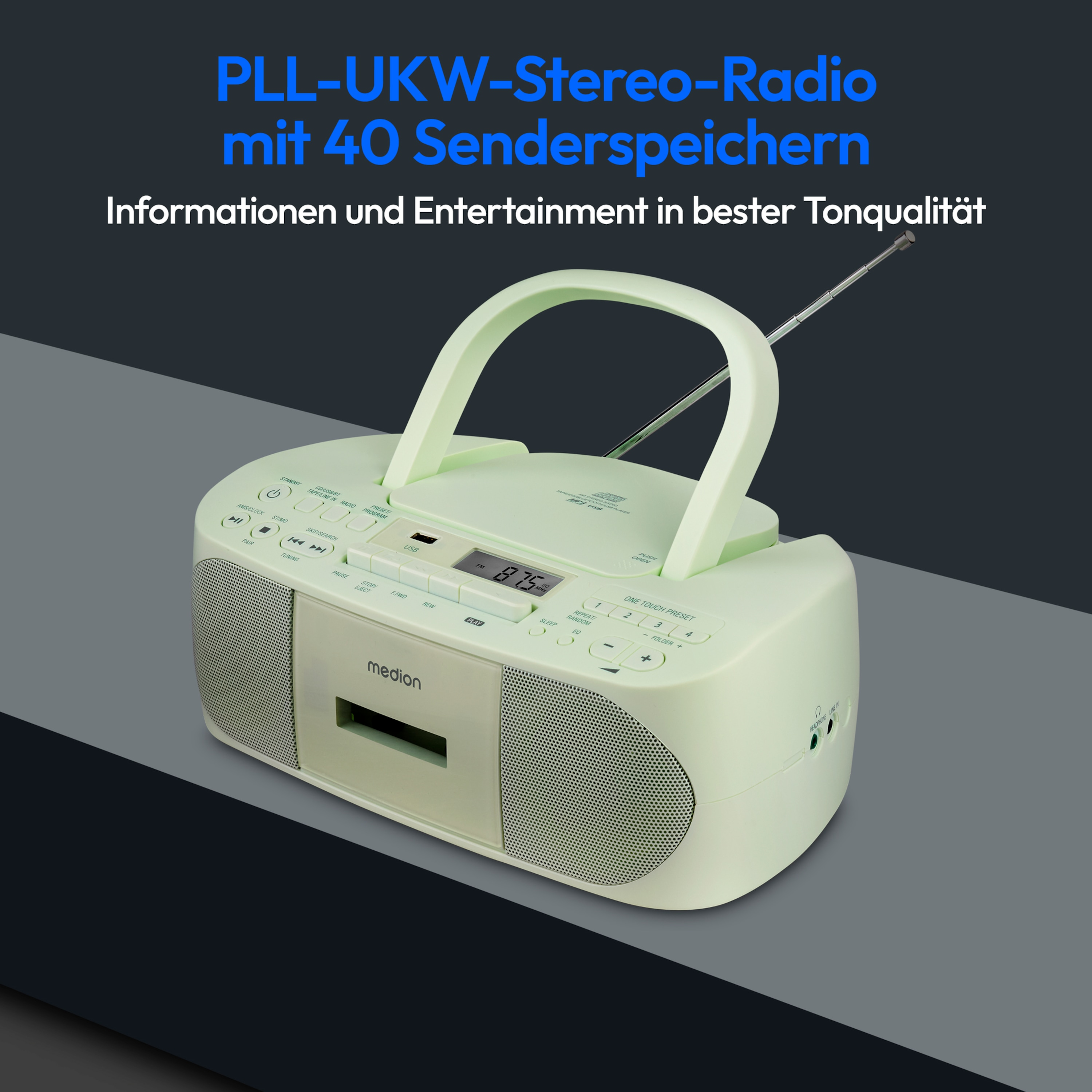 Radio stereo portatile verde e bianca con maniglia e pulsanti. Testo: PLL-UKW-Stereo-Radio.