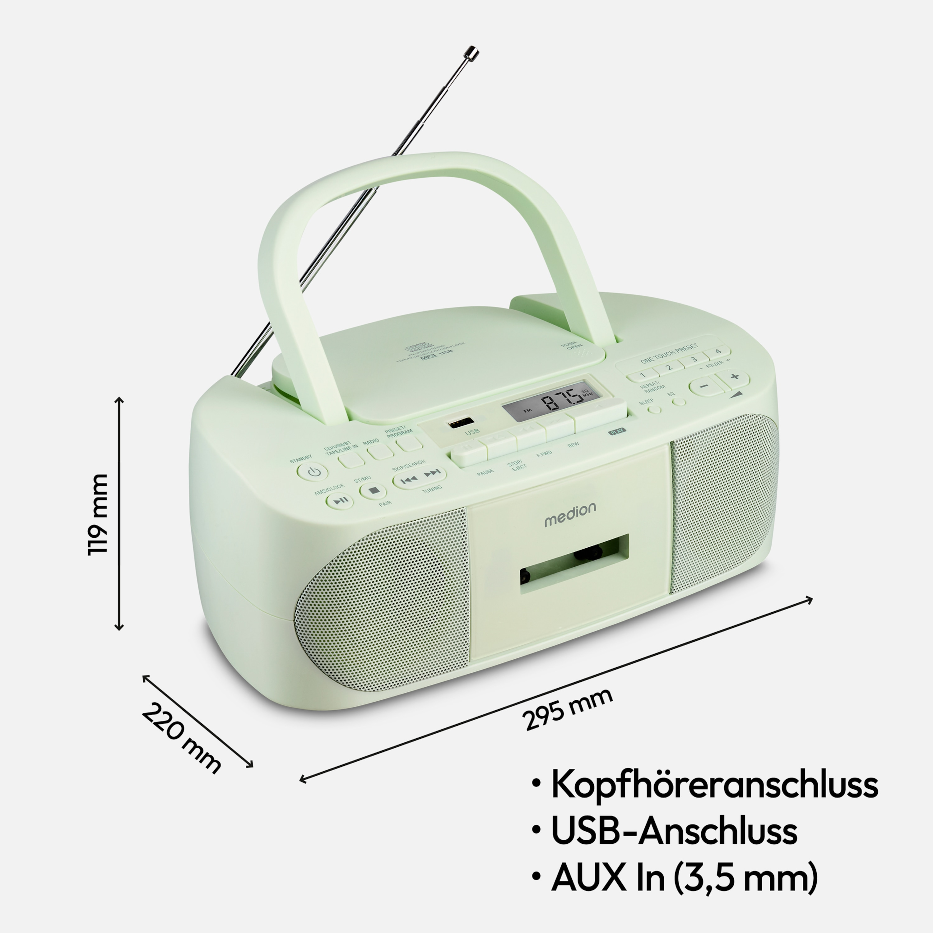 Un boombox bianco sporco. Ha un display, pulsanti e una maniglia. Le dimensioni sono indicate.