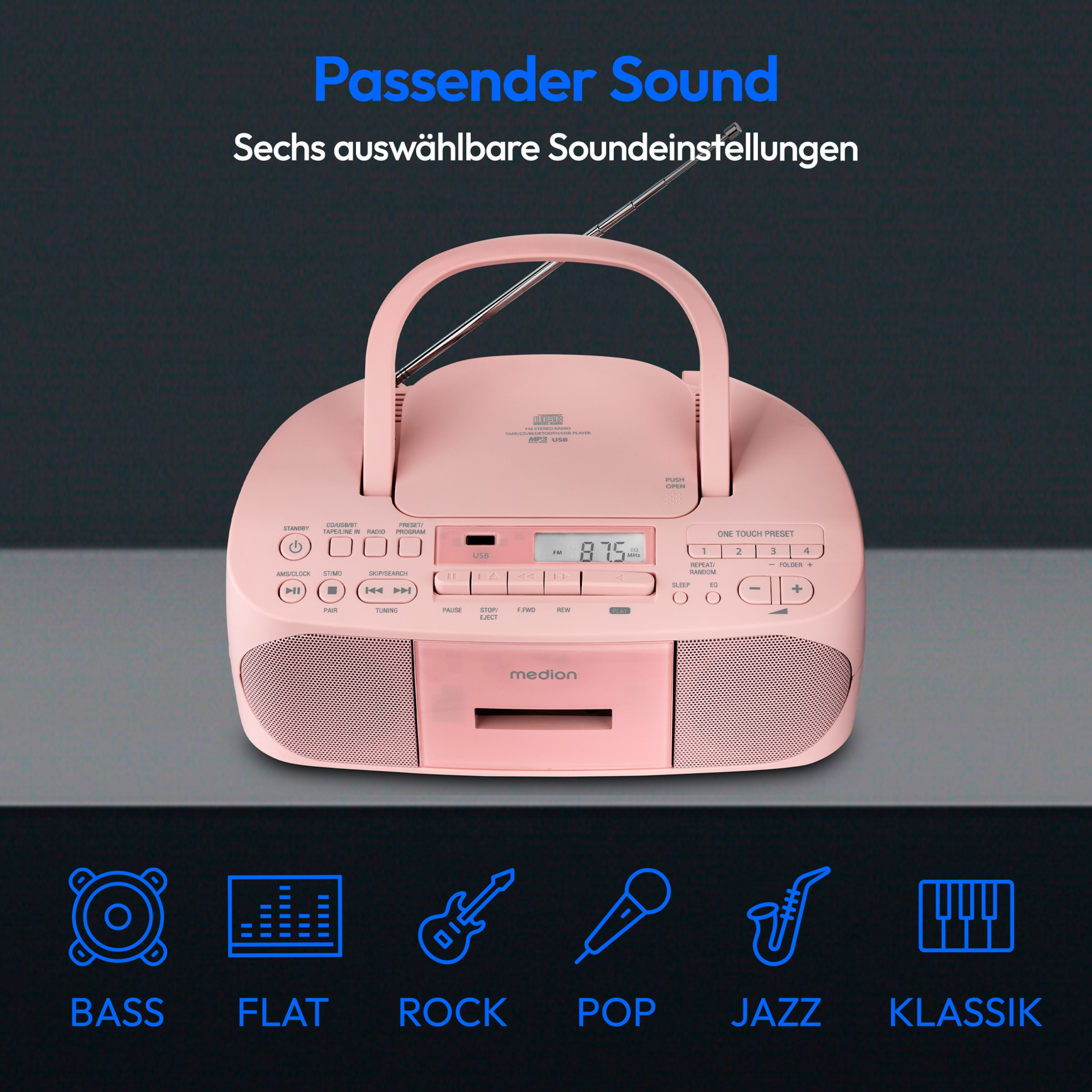 Rosa Radio mit Griff und mehreren Knöpfen. Lautsprecher und Knöpfe sind auf der Vorderseite sichtbar.
