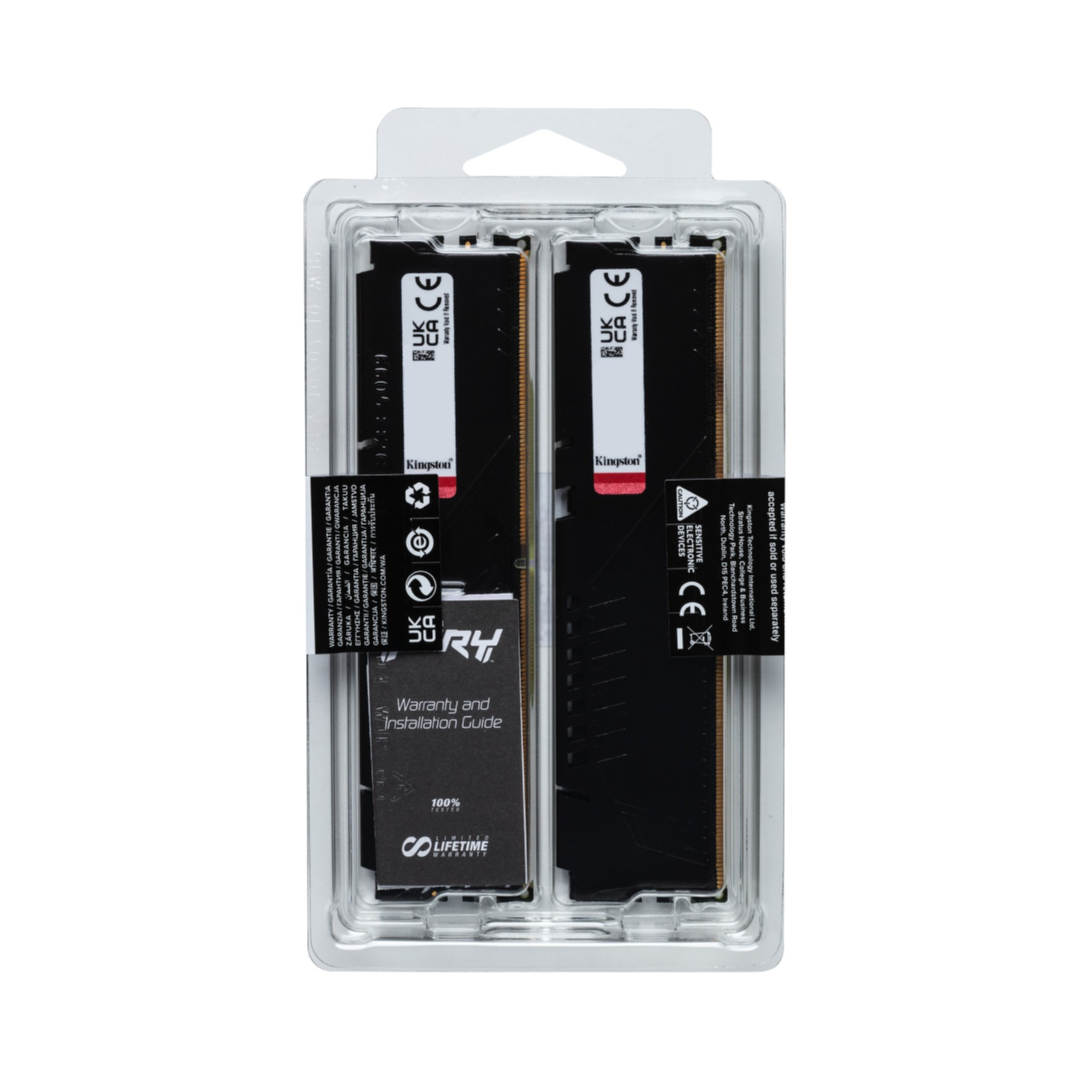 Dwa moduły pamięci RAM w przezroczystym plastikowym etui, widoczna gwarancja i instrukcja.