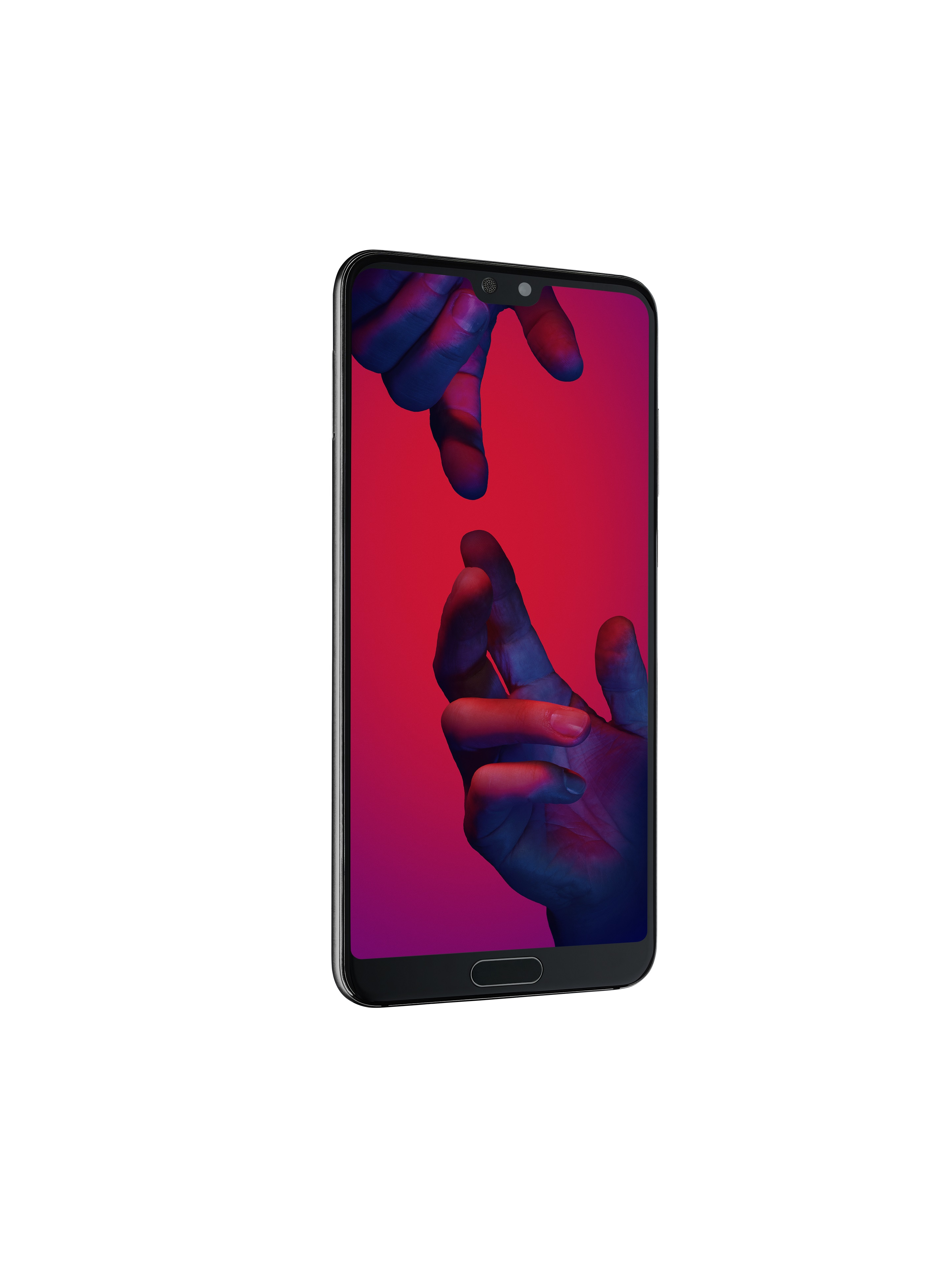 Czarny smartfon. Ekran z gradientem czerwono-fioletowym. Dłonie dotykają ekranu.