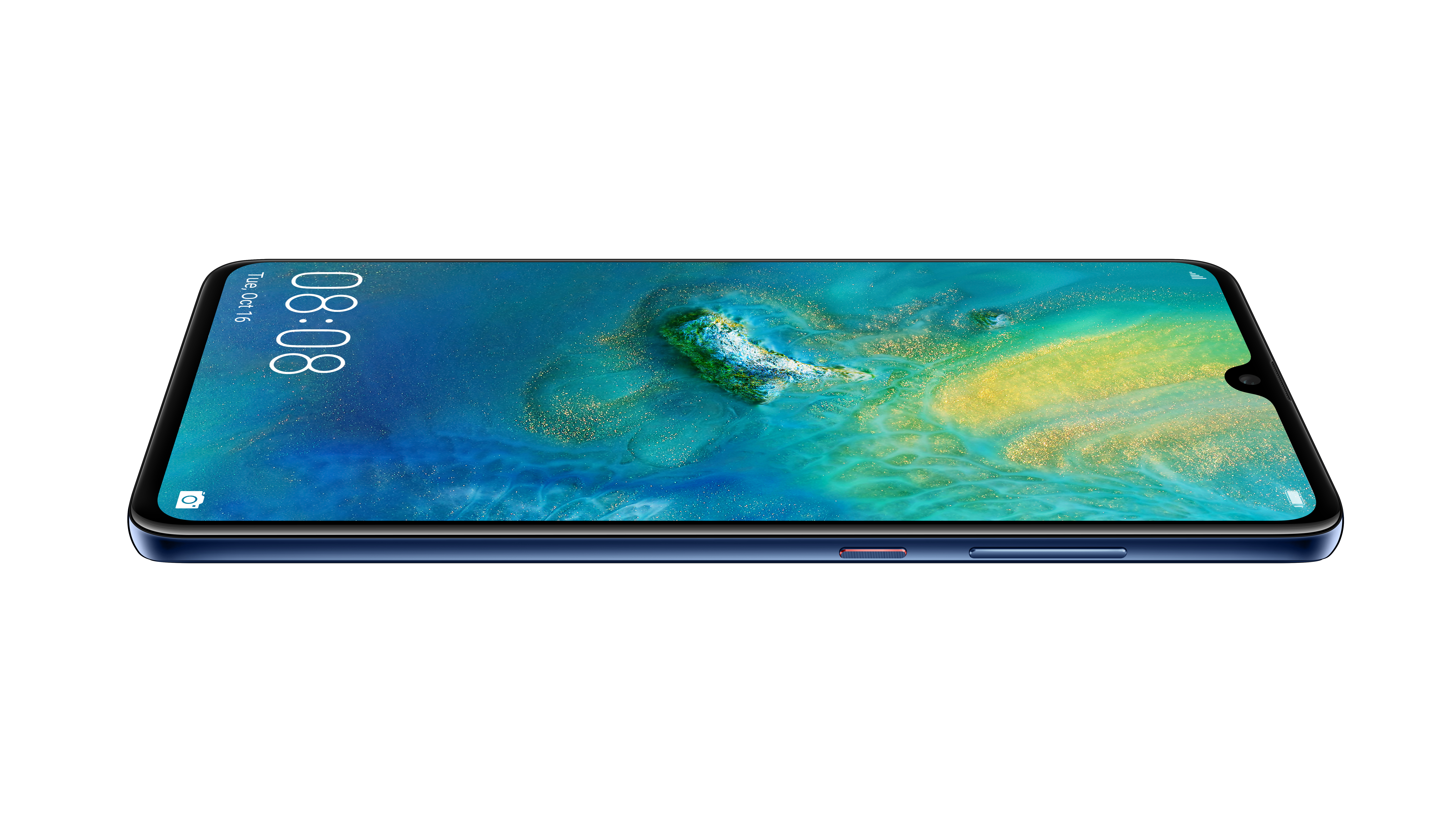 Blaues Telefon auf Weiß. Bildschirm zeigt Uhrzeit. Seitentasten sind sichtbar.