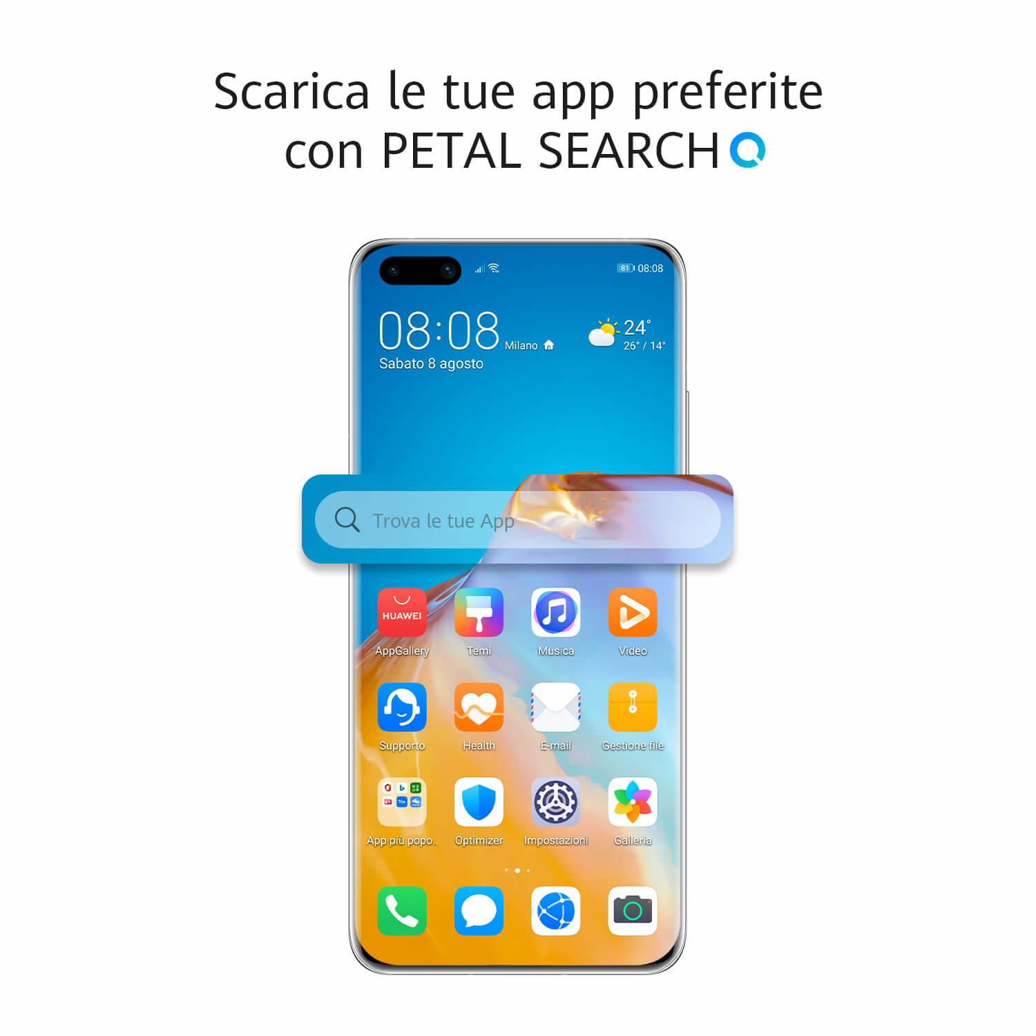 Ekran smartfona wyświetlający ikony aplikacji z paskiem wyszukiwania. Widoczny jest tekst 'Trova le tue App'.