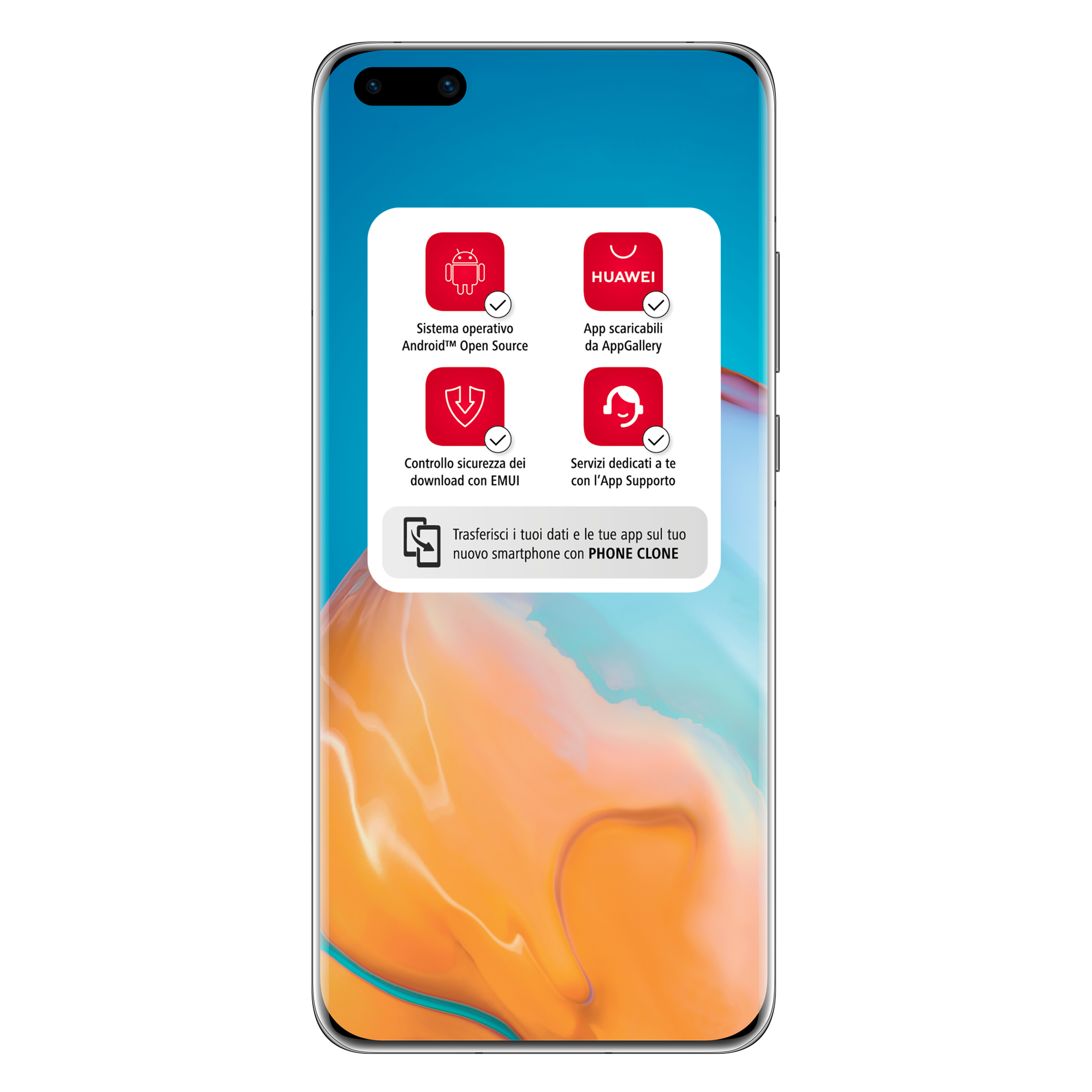 Ekran smartfona Huawei pokazujący funkcje i ikony w wyskakującym okienku, na białym tle.