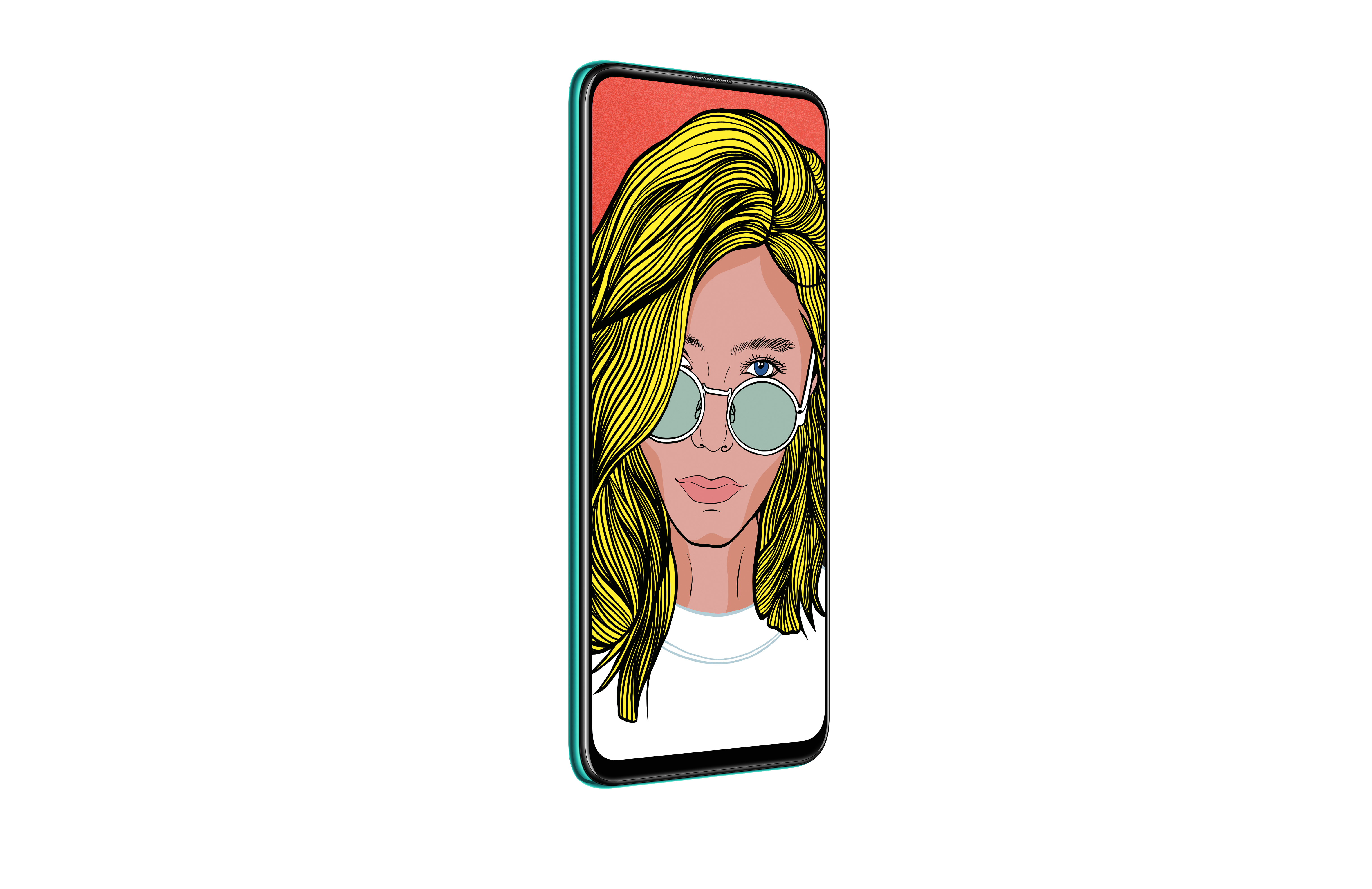Smartphone mit Mädchen-Illustration auf dem Bildschirm. Das Telefon ist türkis.