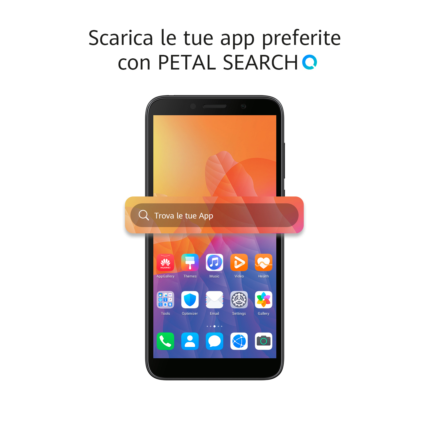 Een zwarte smartphone met een zoekbalk op een scherm met app-iconen en tekst erboven.