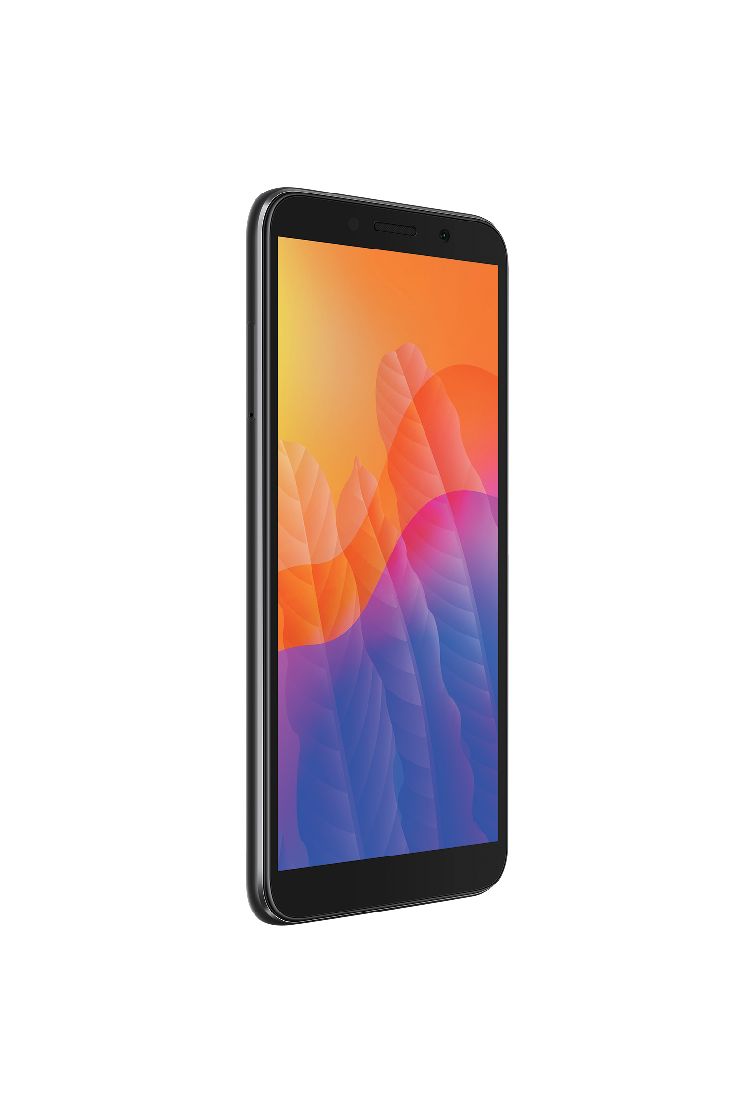 Zwarte telefoon met een kleurrijk scherm. Toont een kleurrijke achtergrond. Witte achtergrond.