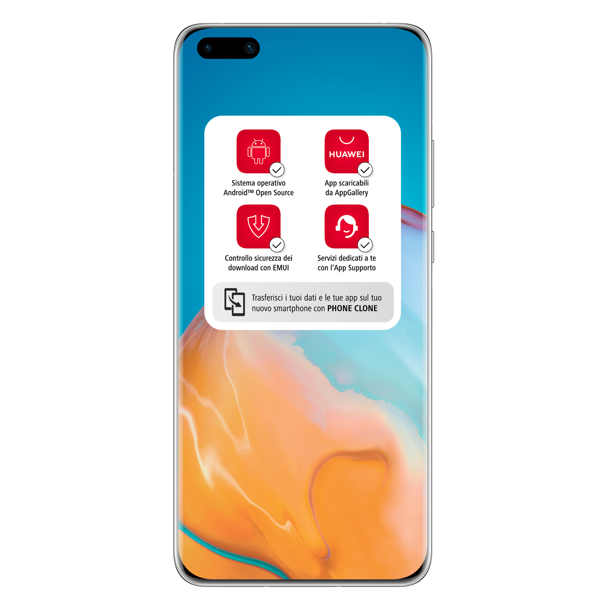 Telefon z ekranem wyświetlającym ikony. Biała nakładka z tekstem.