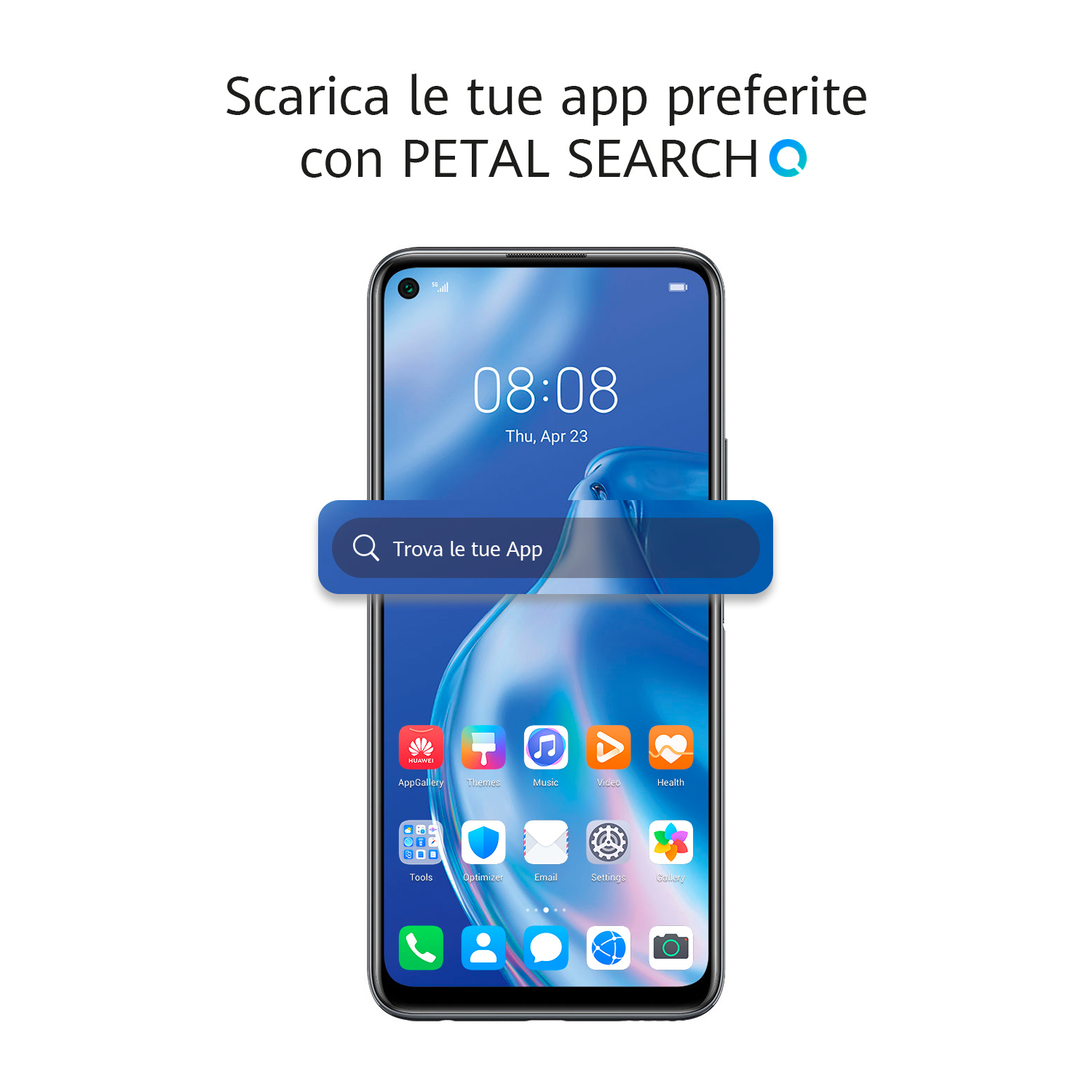 Pantalla de smartphone con barra de búsqueda, texto en italiano, fondo blanco.