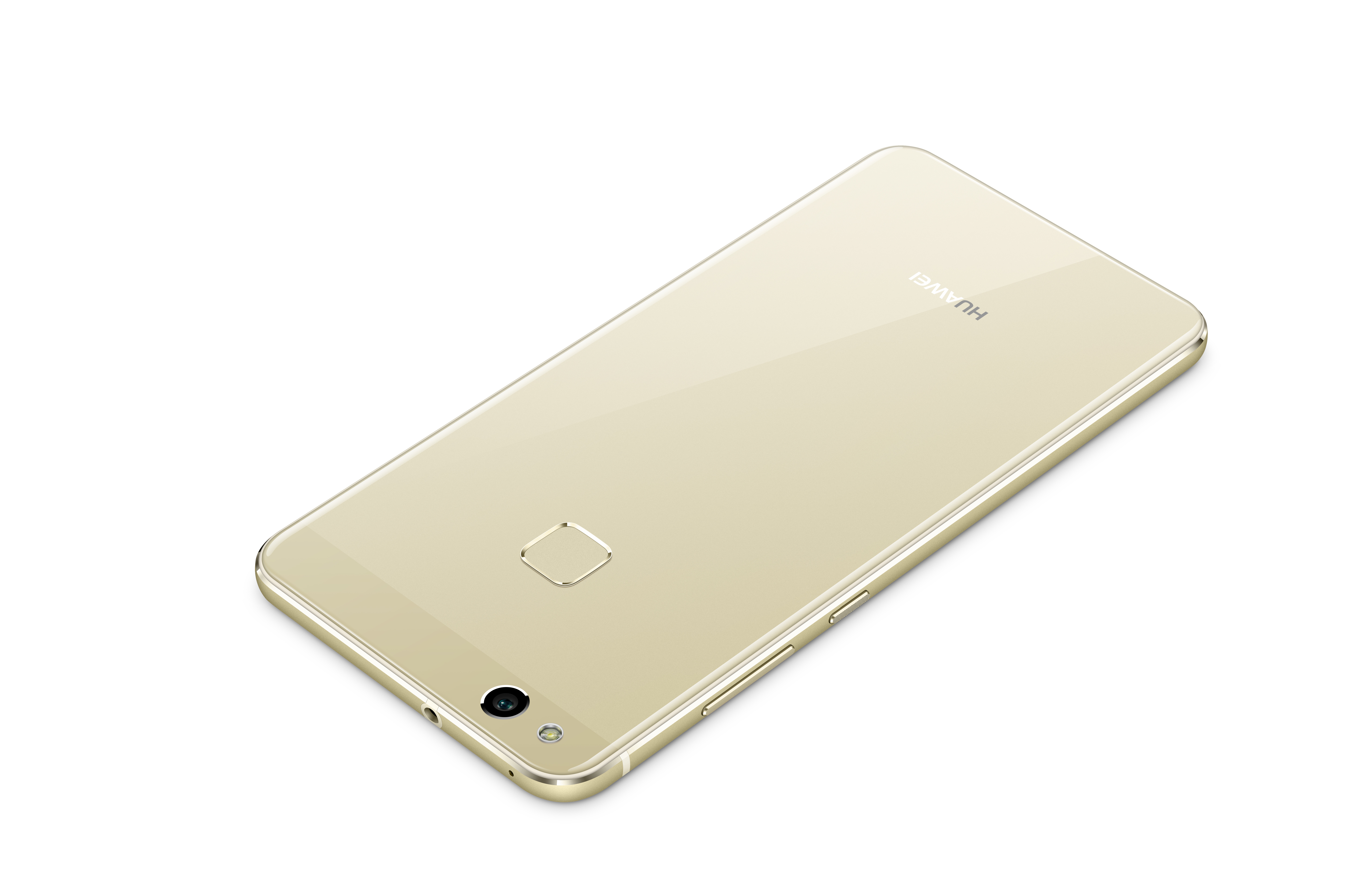 Goldenes Smartphone auf weißem Hintergrund, schräge Ansicht.