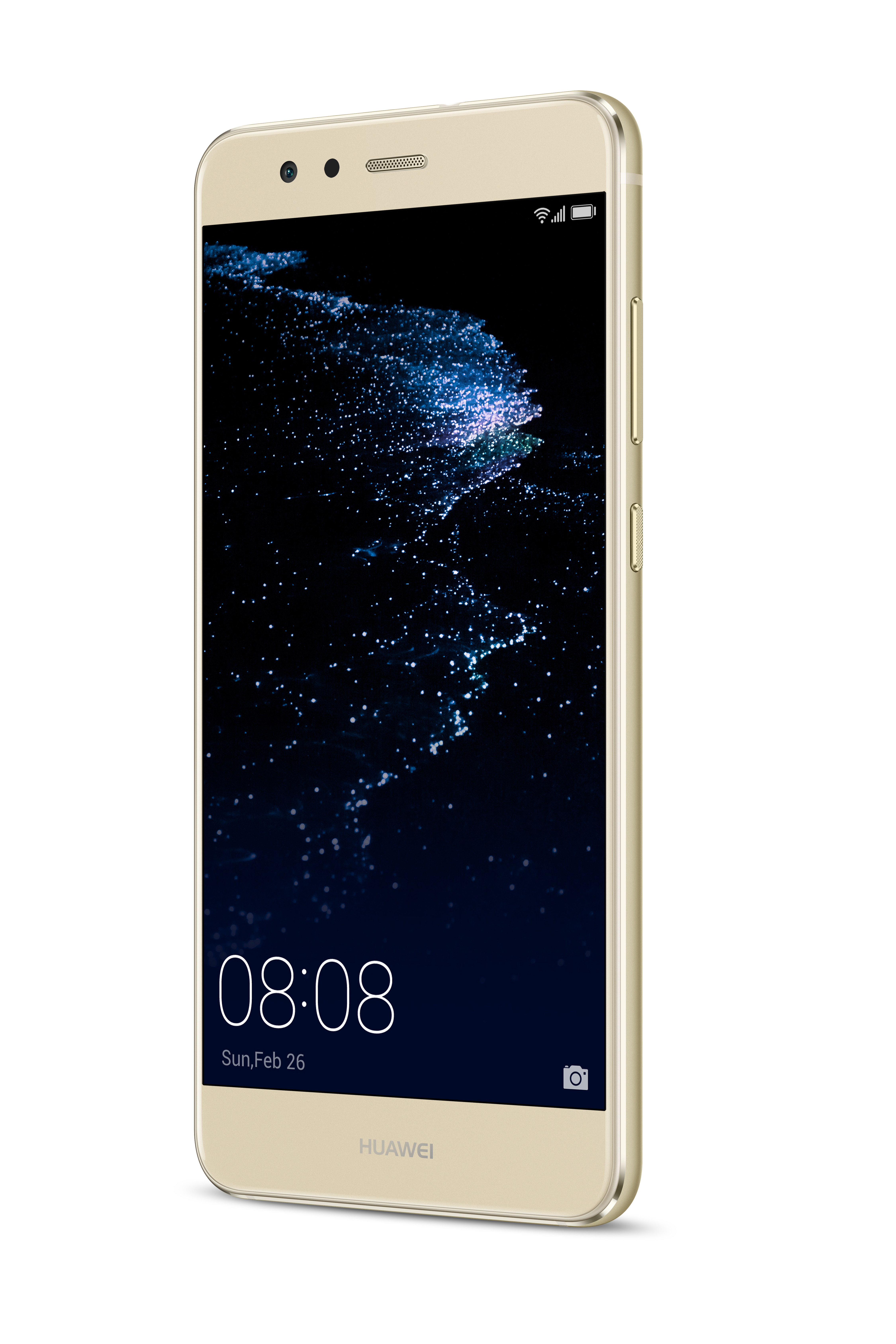 Goldenes Huawei-Smartphone, zeigt die Uhrzeit und einen dunkelblauen Hintergrund.