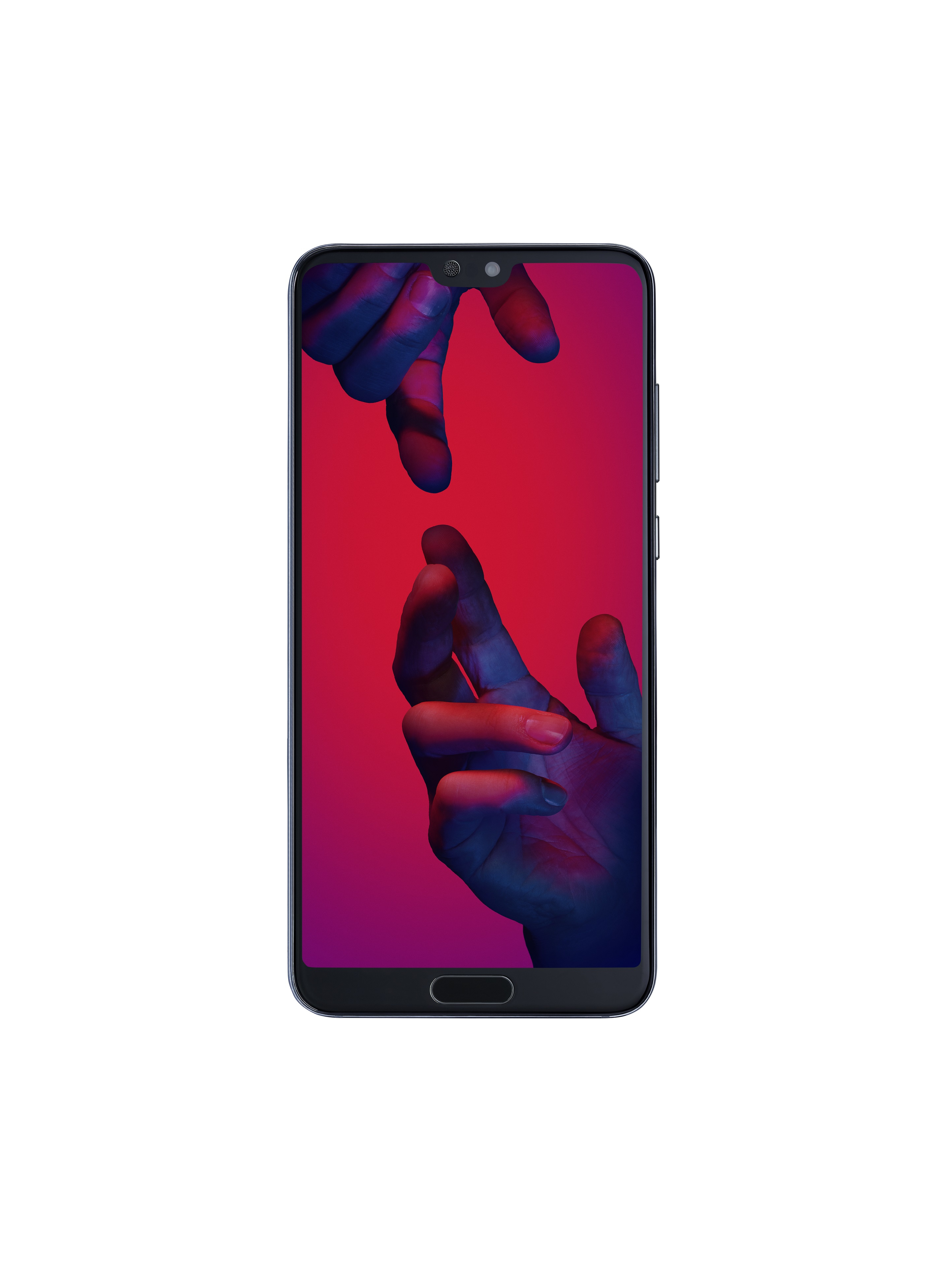 Smartphone che mostra due mani che si raggiungono su uno sfondo rosso e viola.