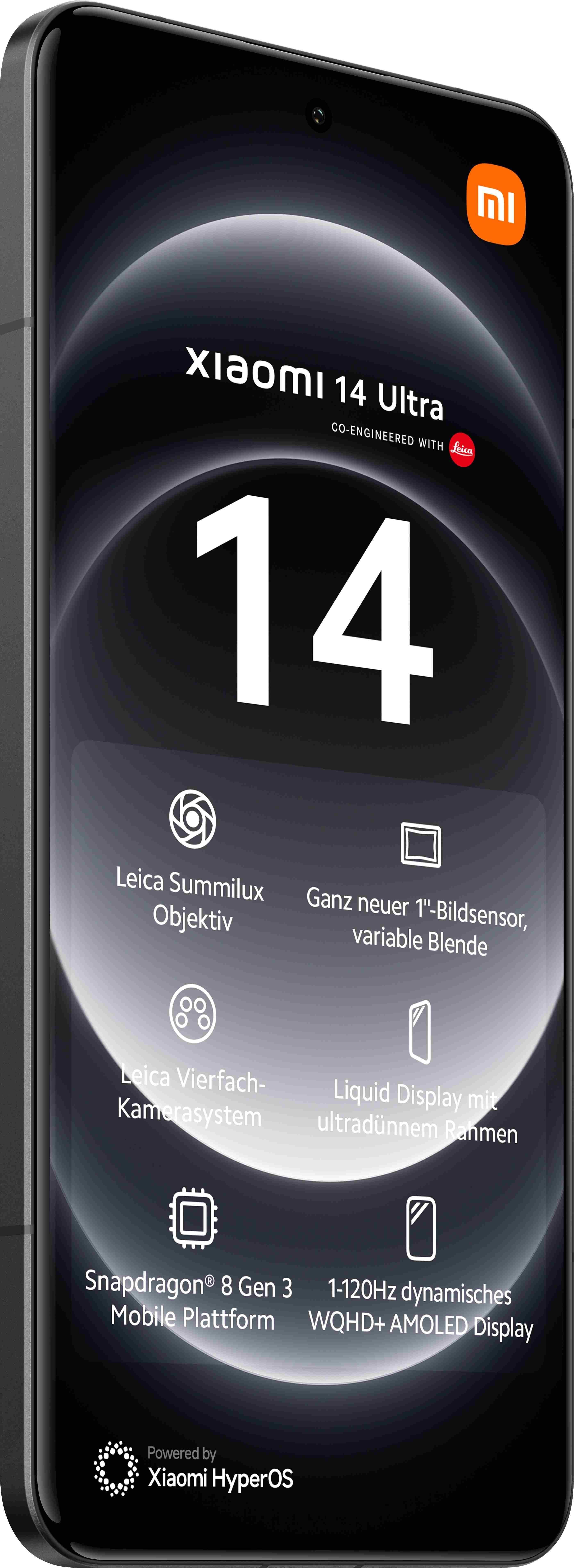Xiaomi 14 Ultra Telefon, schwarz, mit Text und Funktionen, auf schwarz-weißem Hintergrund.