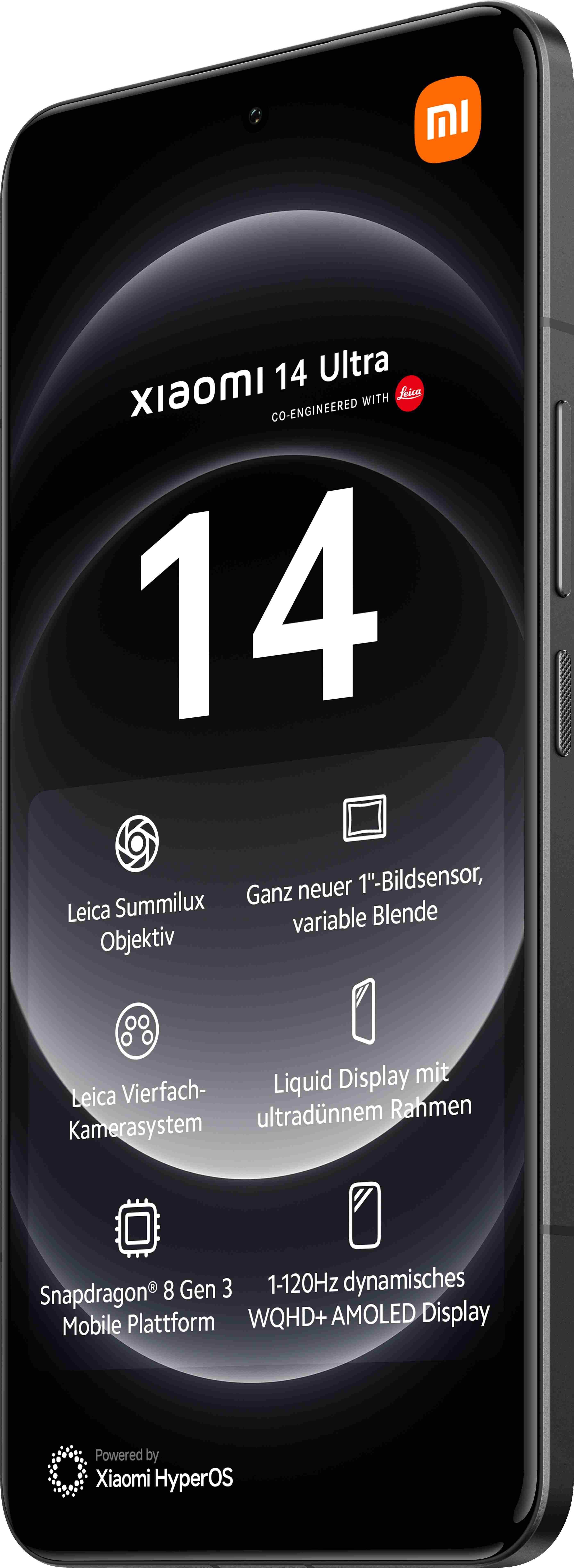 Xiaomi 14 Ultra Telefon in Schwarz, zeigt die Vorderseite mit Text und Grafiken.