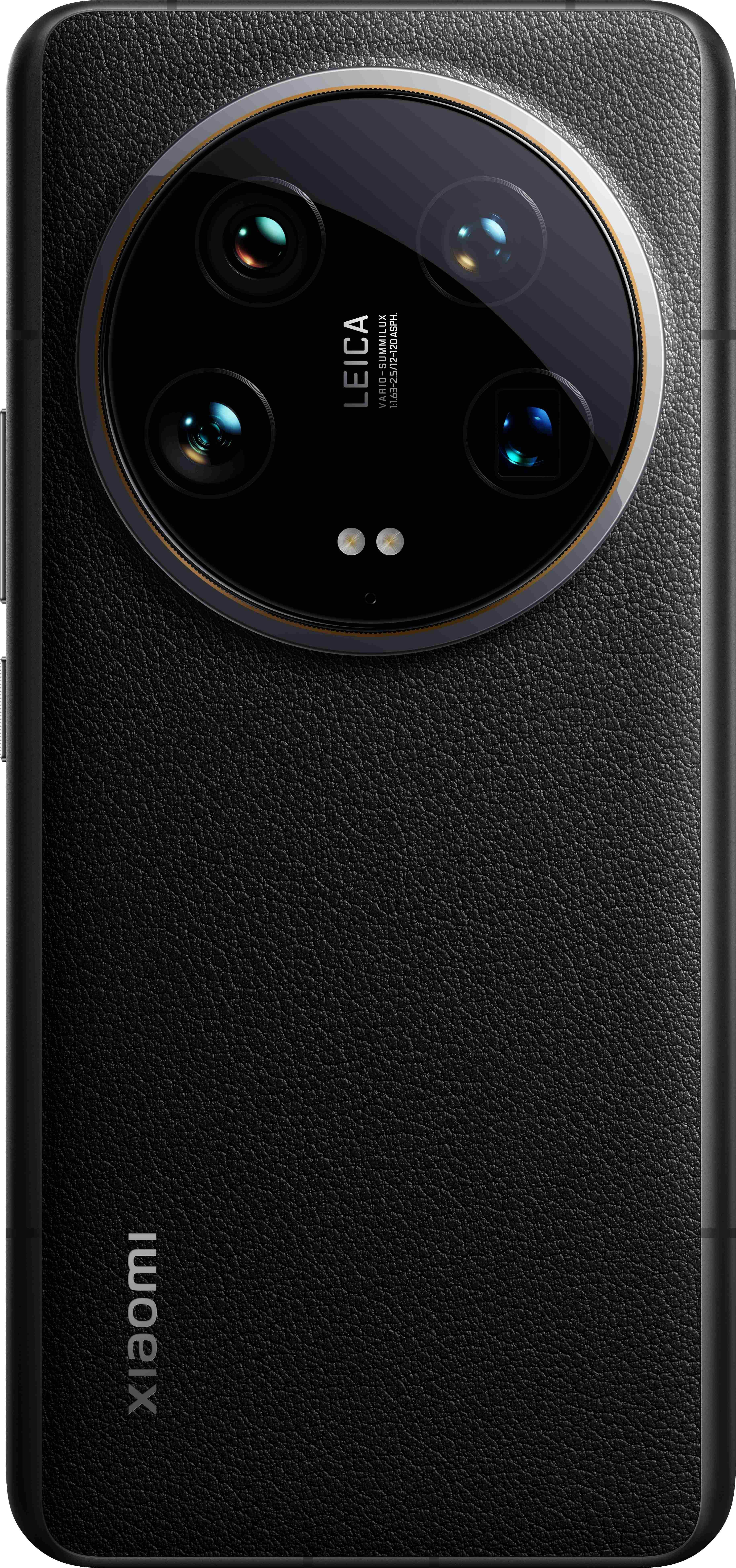 Schwarze Smartphone-Rückseite mit Leica-Kameramodul. Ledertextur und Xiaomi-Logo.