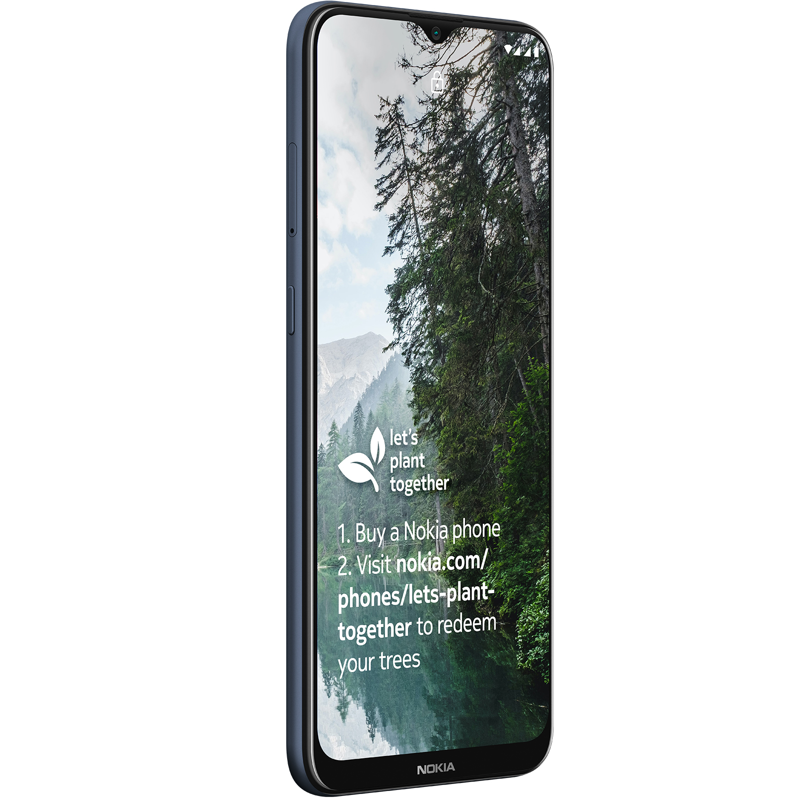 Teléfono azul muestra escena forestal, texto sobre teléfonos Nokia y plantar árboles.