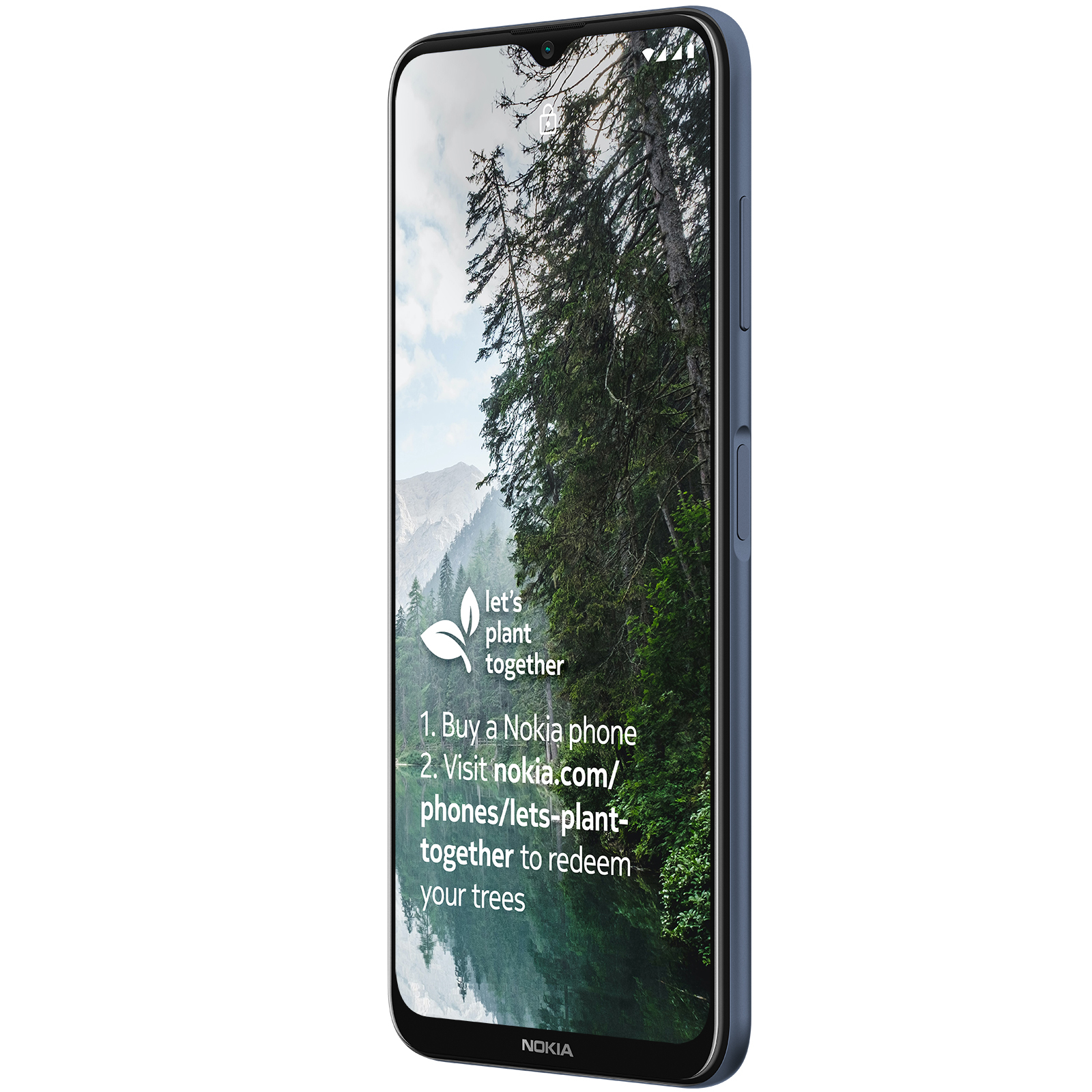 Teléfono Nokia azul que muestra una pantalla con texto sobre la plantación de árboles.