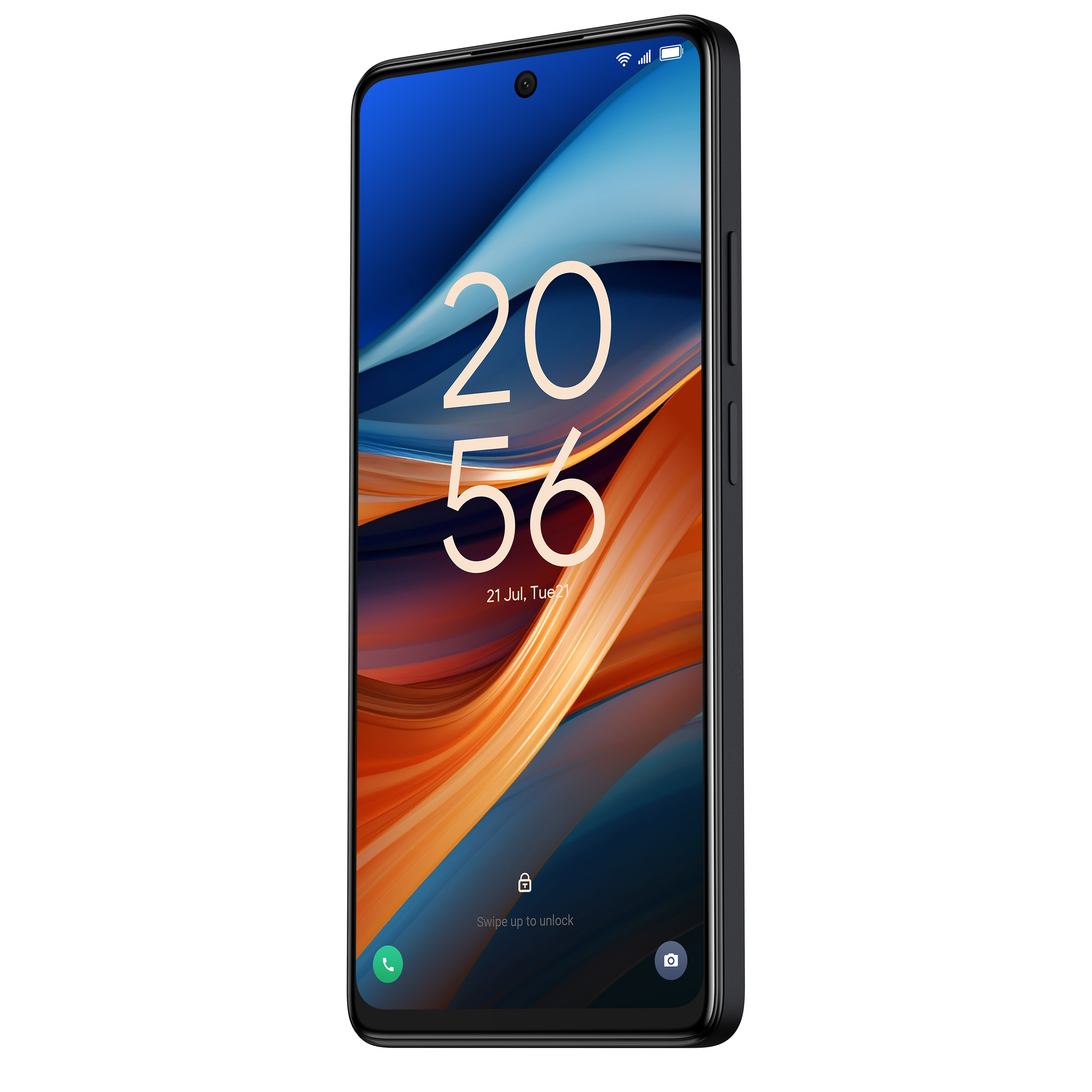 Telefon wyświetlający niebiesko-pomarańczowy abstrakcyjny wzór z ikoną kłódki. Czarne obramowanie, białe tło.